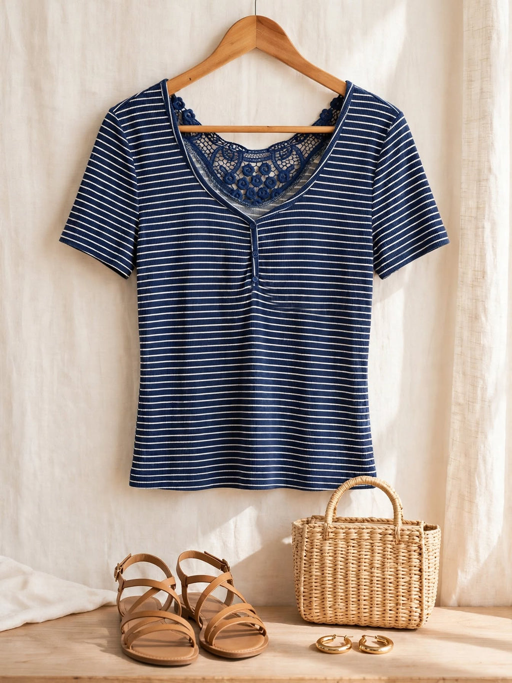 Mr Price RED Navy & White Striped Henley Blouse with Crochet Lace Back Detail - Size Medium