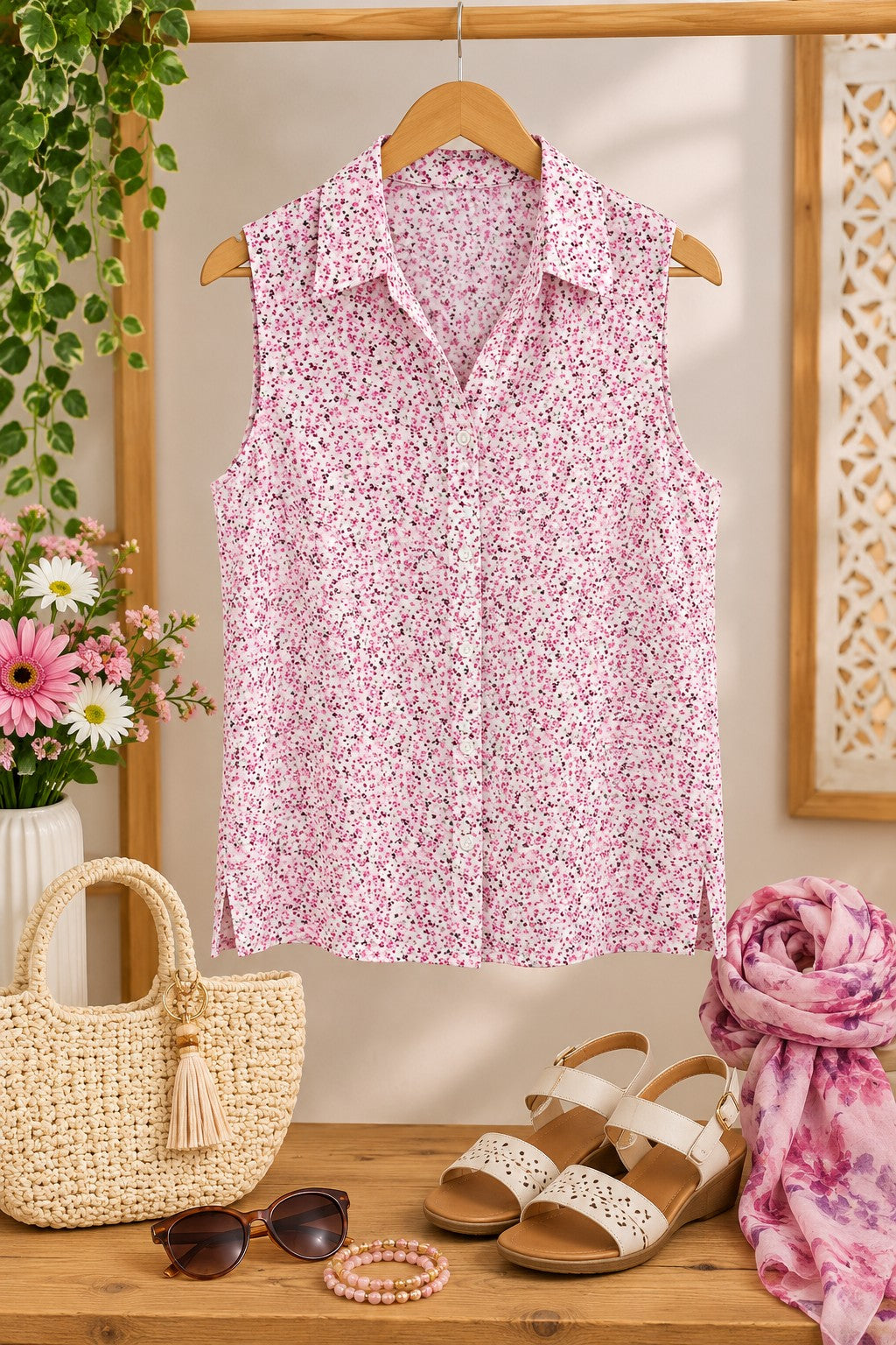 Pink Ditsy Floral Sleeveless Button-Up Blouse - Size Large