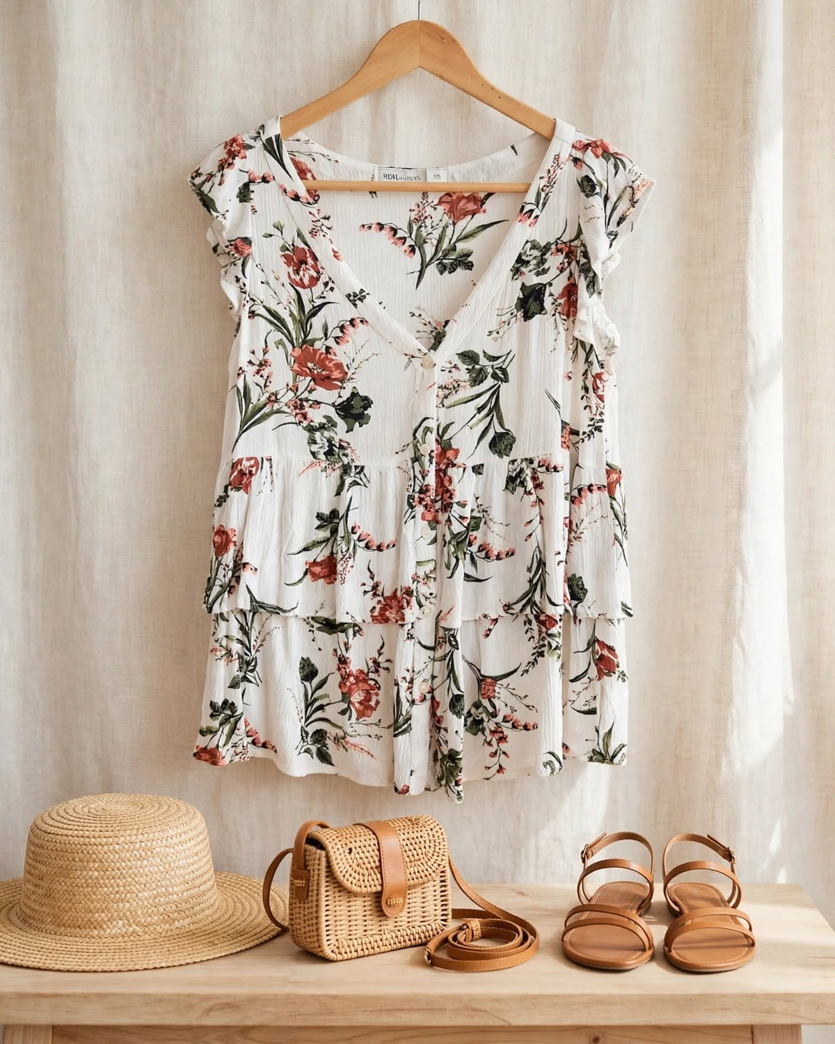 REAL Woman White Floral Sleeveless V-Neck Tiered Ruffle Blouse - Size XS