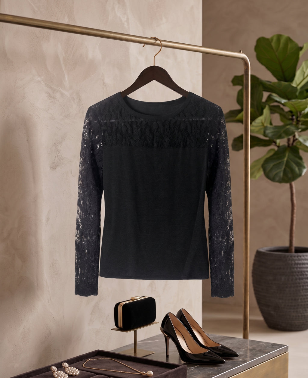 Insync Elegant Black Long Sleeve Lace Detail Blouse - Size Medium