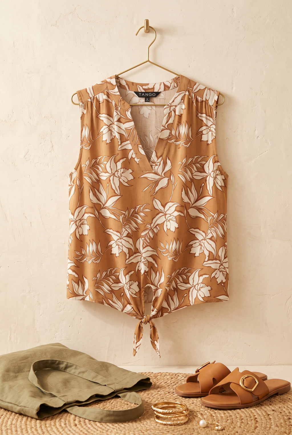 Tango Floral Sleeveless Tie-Front Blouse in Warm Tan – Size 36