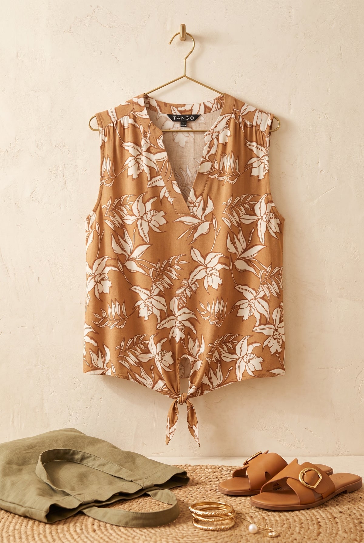 Tango Floral Sleeveless Tie-Front Blouse in Warm Tan – Size 36