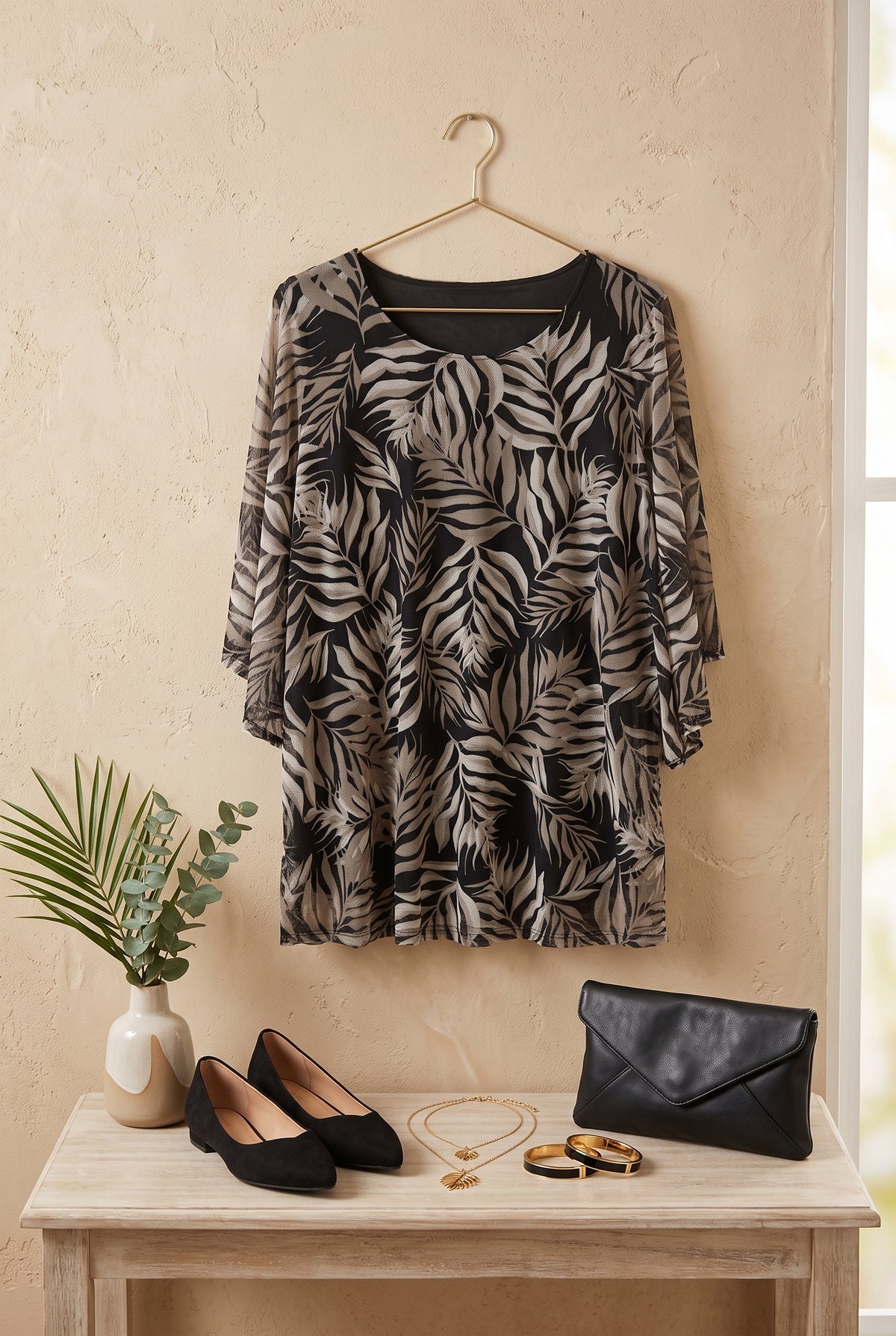 Black and Neutral Beige Palm Leaf Print Chiffon Blouse – Size XL