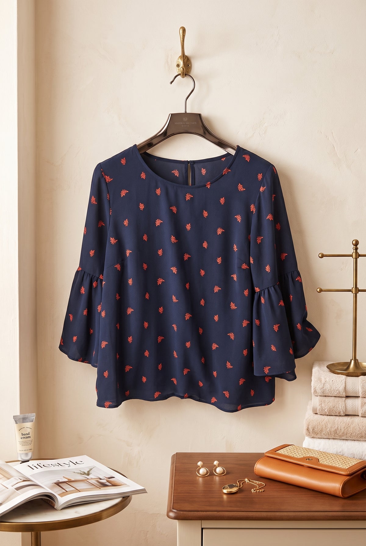 Navy Floral Bell-Sleeve Blouse – Size Large