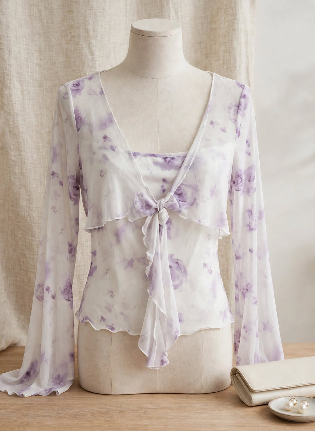 Lilac Floral Mesh Flared Sleeve Wrap Blouse - Size Large