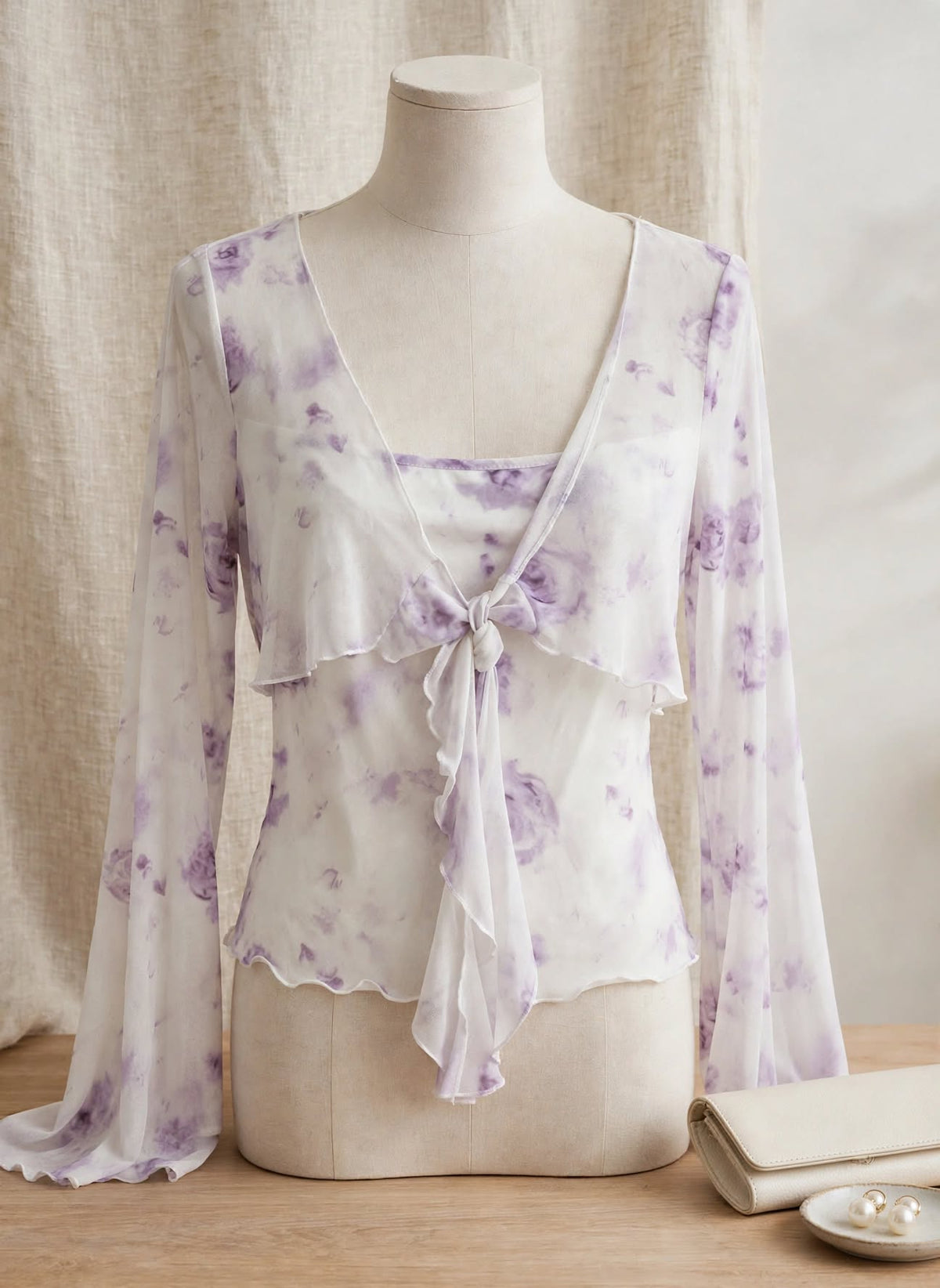 Lilac Floral Mesh Flared Sleeve Wrap Blouse - Size Large