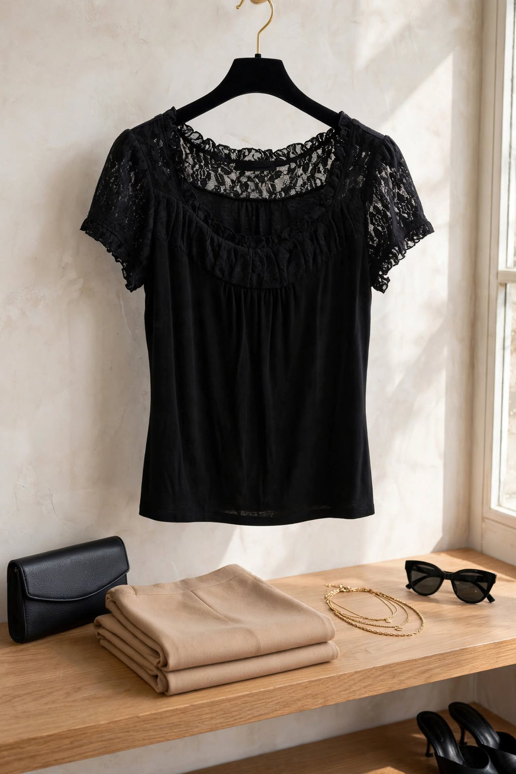 INC International Concepts Black Lace Ruffle Blouse - Size Small