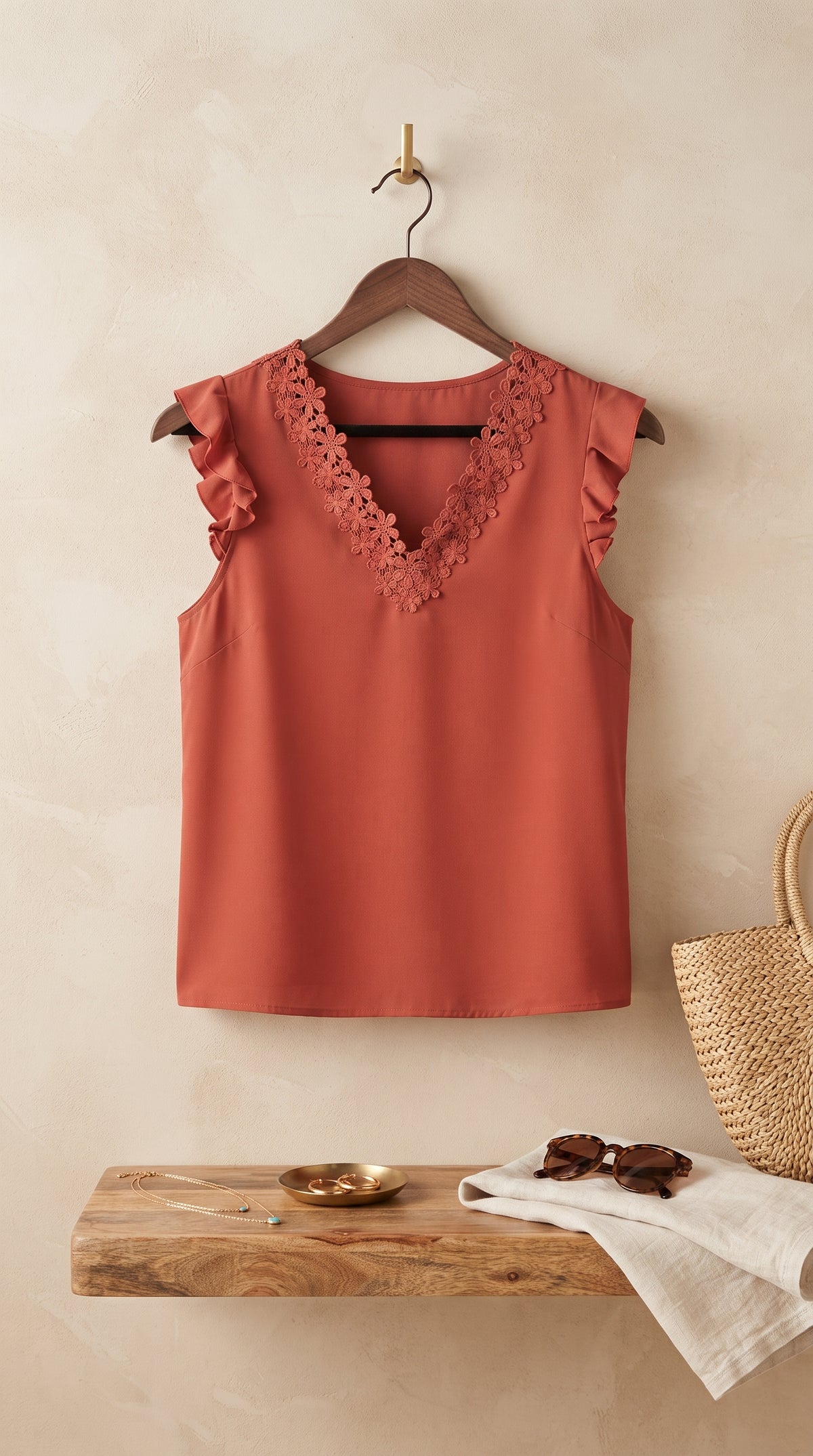 Terracotta Floral Lace-Trim Ruffle Sleeve Blouse – Size XL