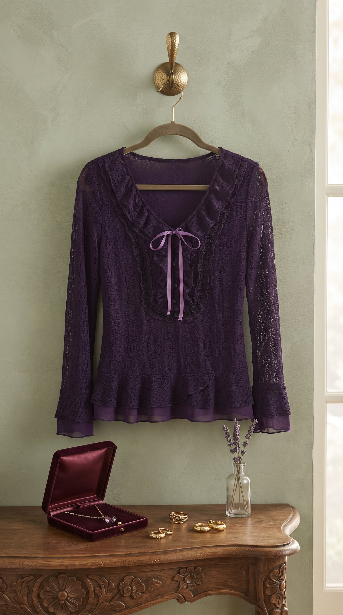 Purple Lace Ruffled Long-Sleeve Blouse – Size Small