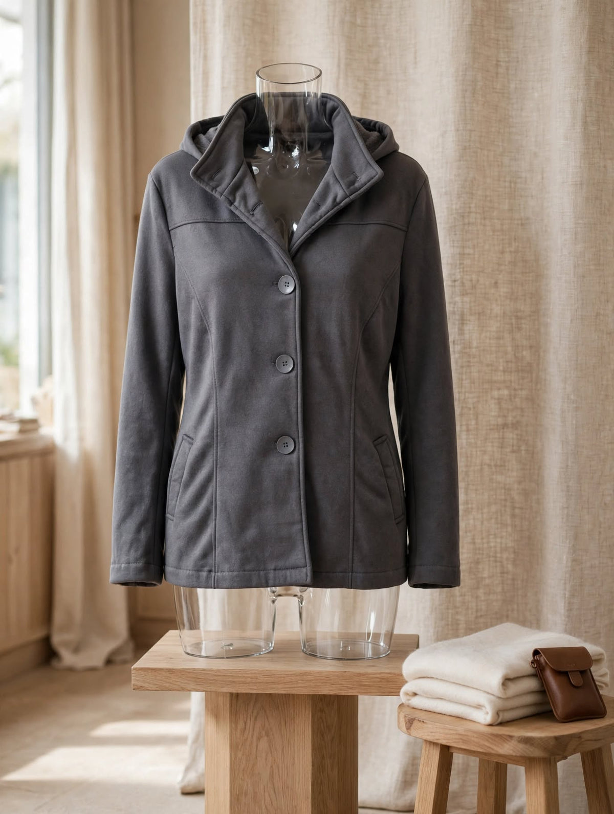 Grey Hooded Button-Up Fleece Jacket – Size 40
