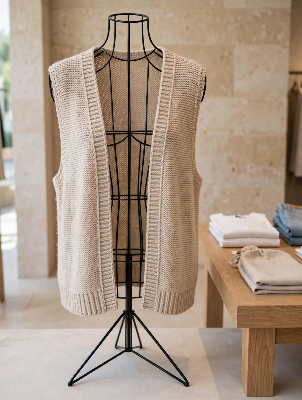 Beige Chunky Knit Open-Front Sleeveless Jersey Vest - Size Large