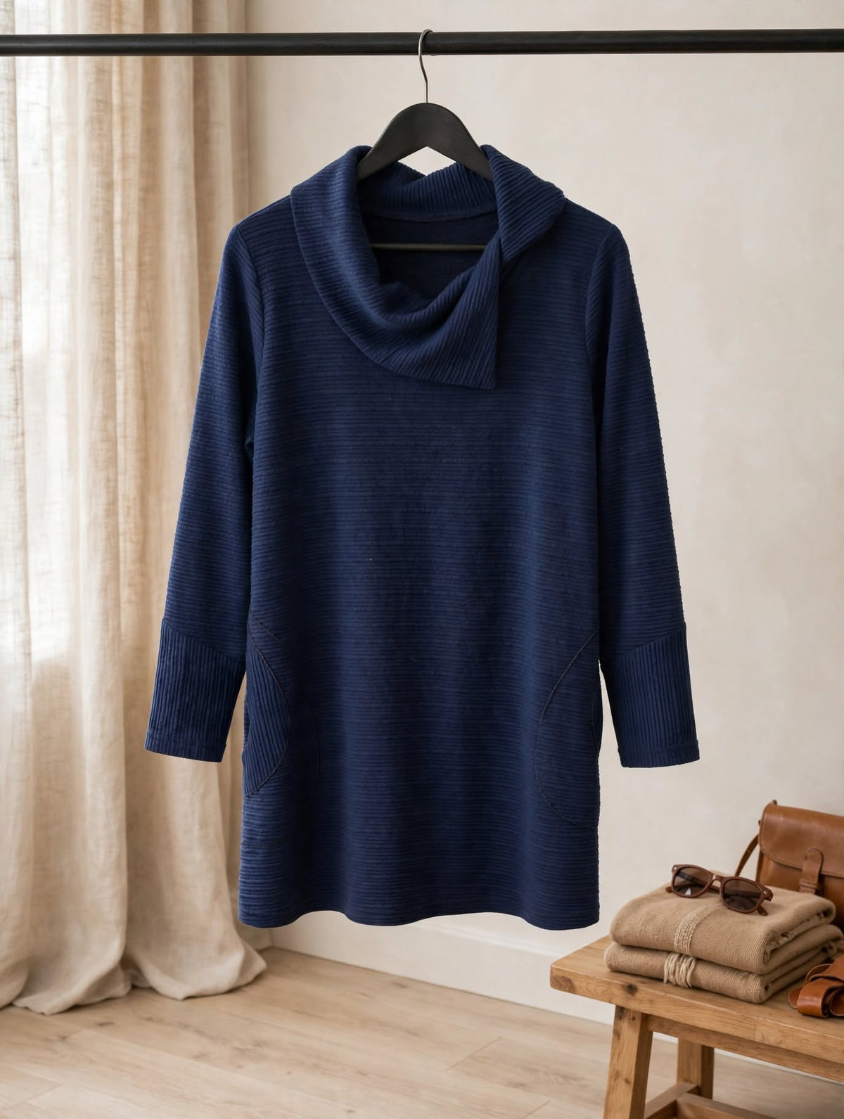Hayley Joy Navy Cowl Neck Ribbed Tunic with Pockets - Size Large