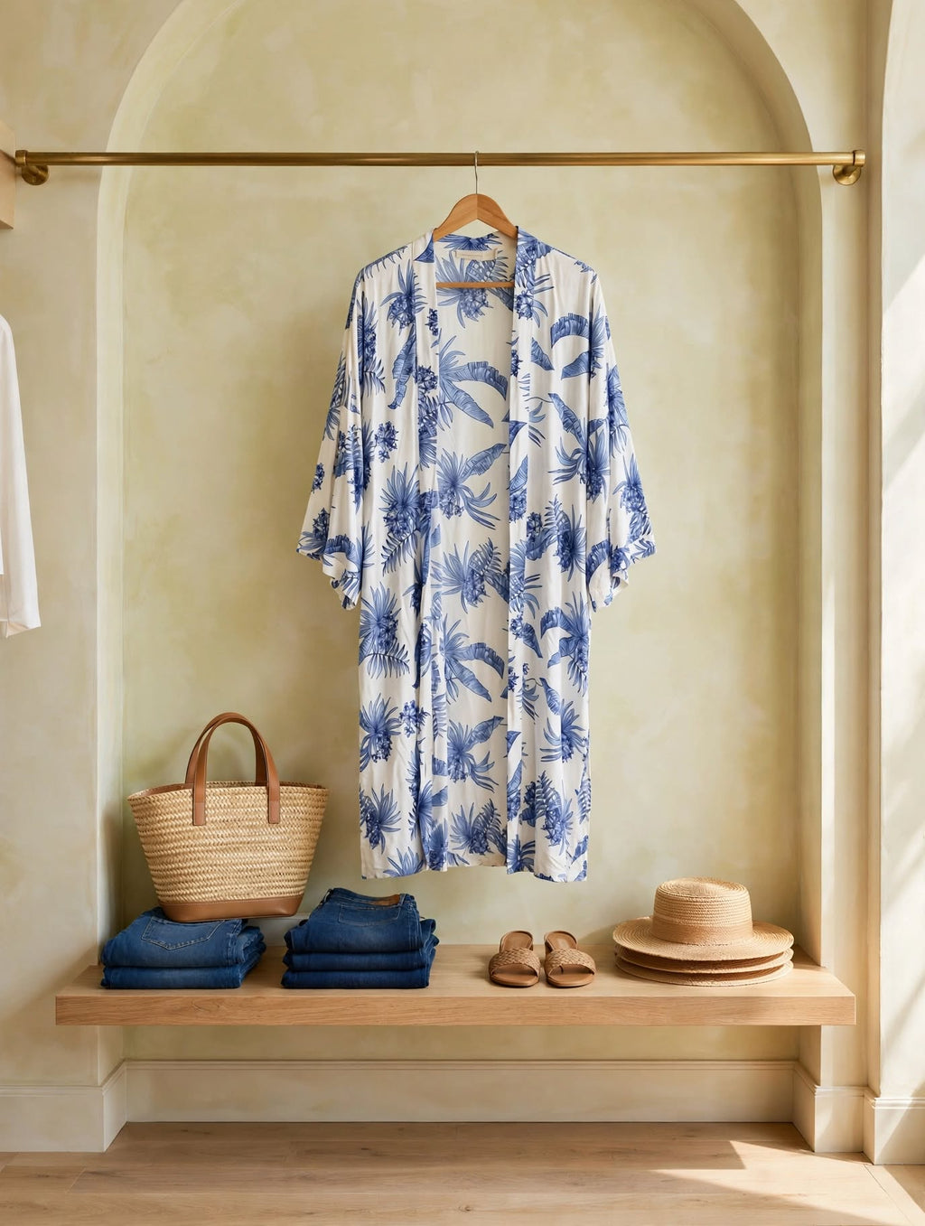 REAL Woman White & Blue Tropical Long Kimono Throwover - Size 2XL