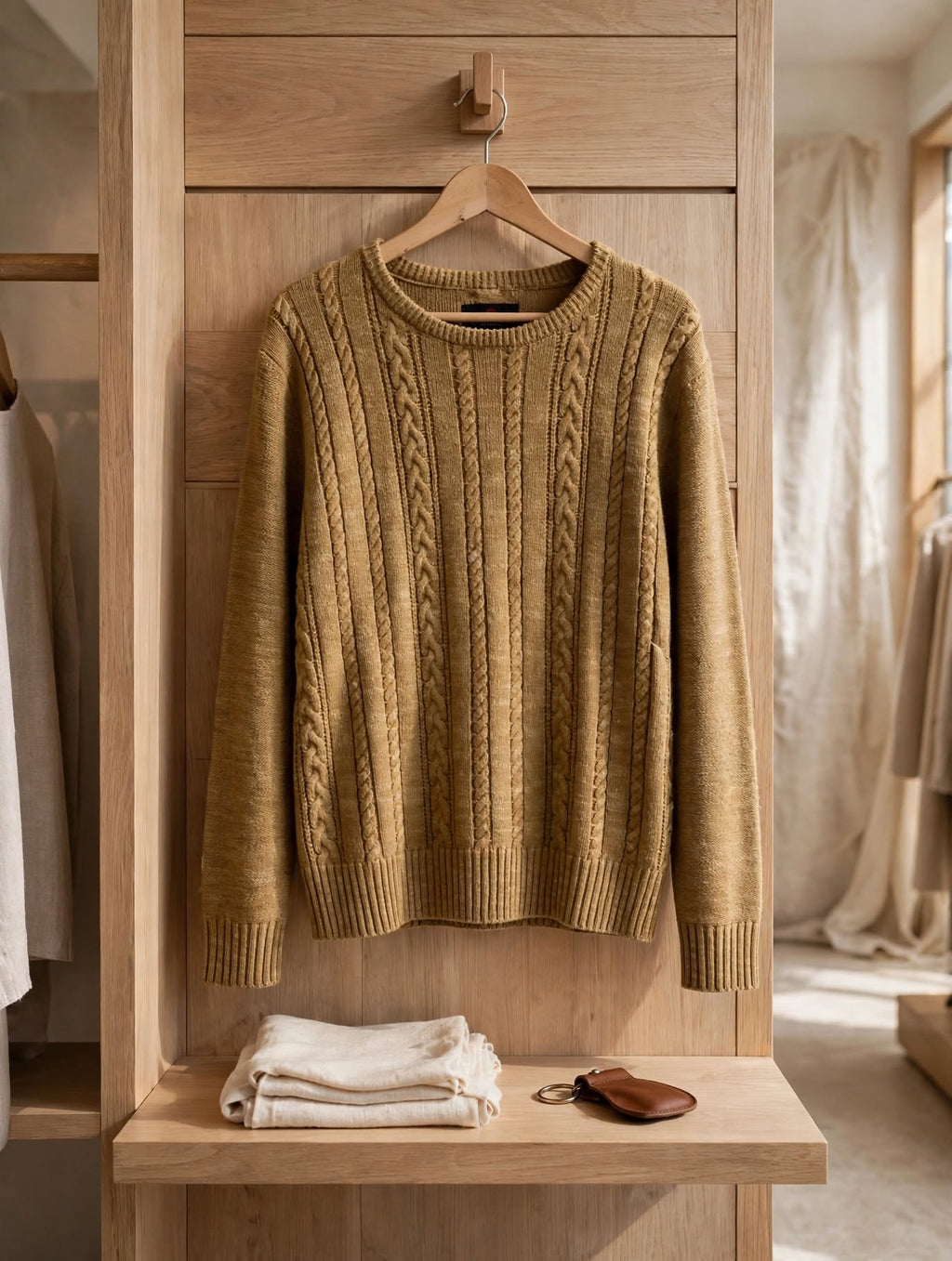 Premium Collection Camel Cable-Knit Jersey - Size Large