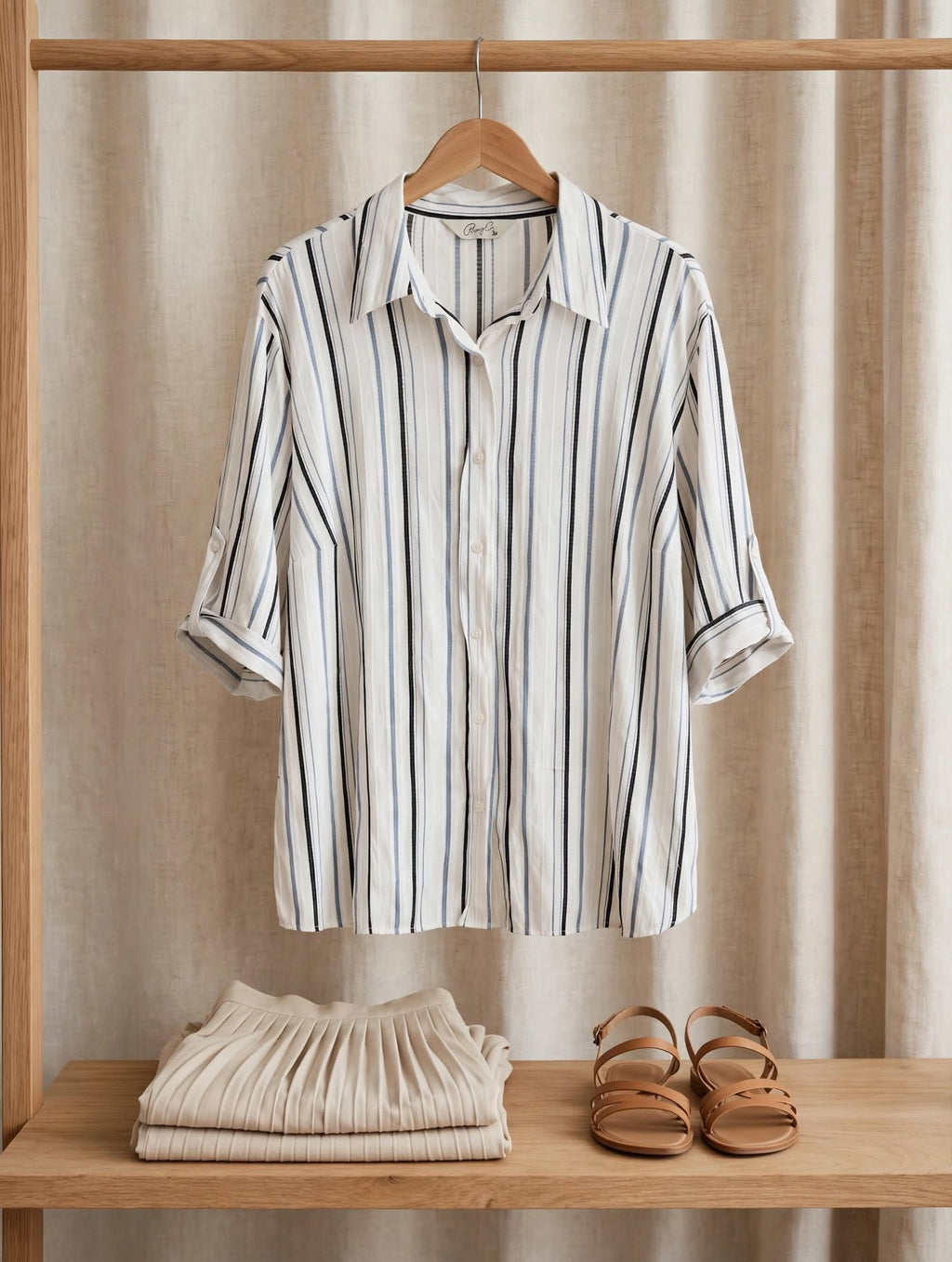 Penny C White with Black & Blue Stripes Relaxed Blouse - Size 24