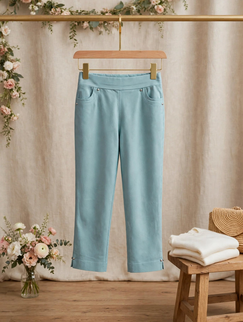 Dusty Aqua Blue 3/4 Capri Crop Pants with Silver Stud Detail - Size 2XL