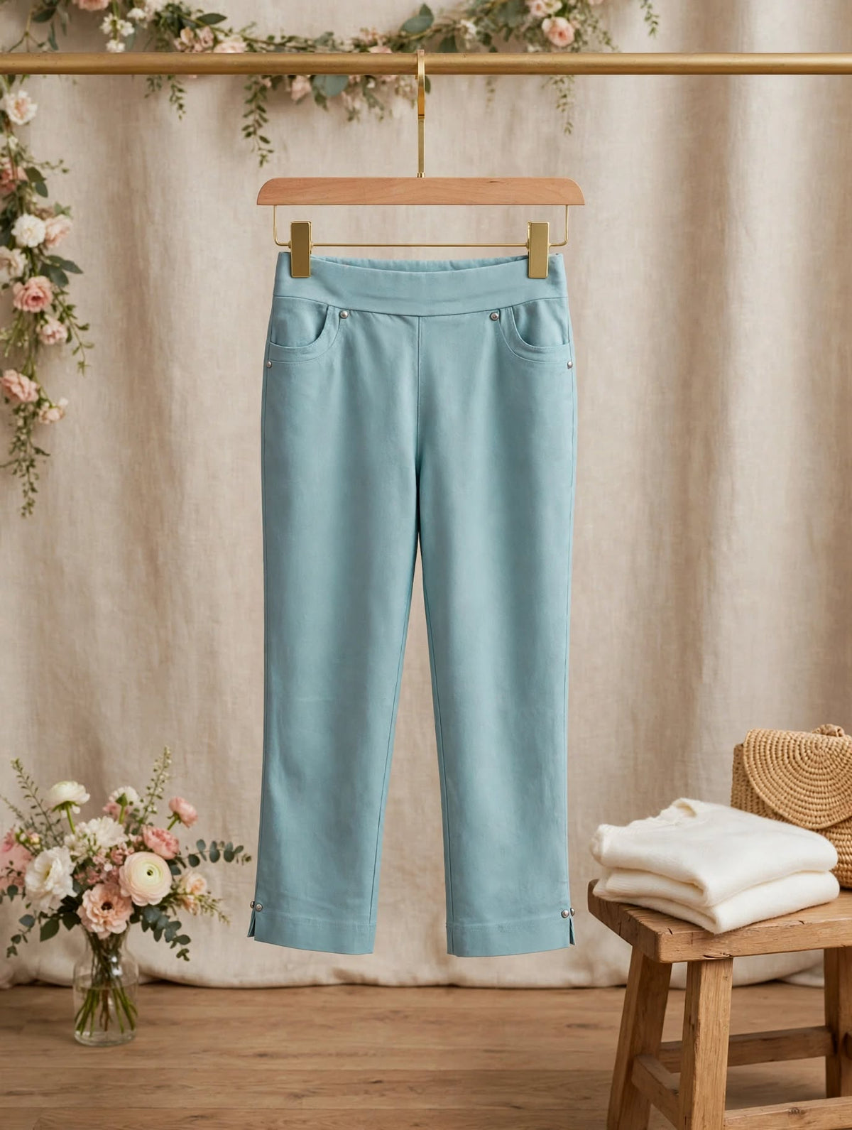 Dusty Aqua Blue 3/4 Capri Crop Pants with Silver Stud Detail - Size 2XL