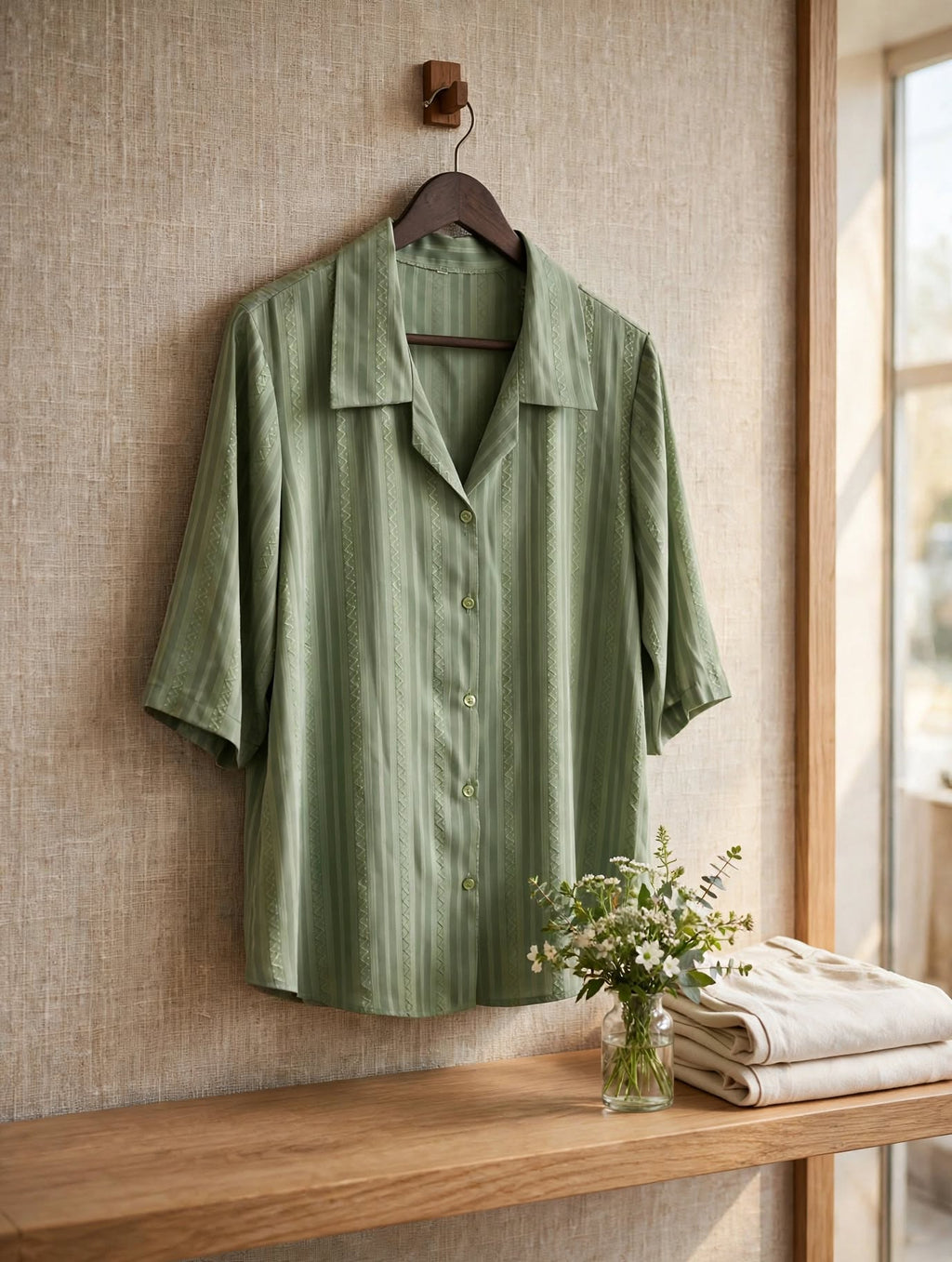 Sage Green Relaxed 3/4 Sleeve Button-Up Textured Stripe Blouse - Size Large