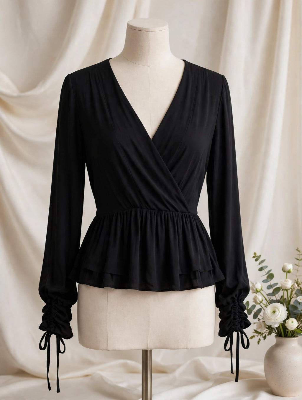 Cotton On Black Tie-Cuff Wrap Peplum Blouse - Size Small