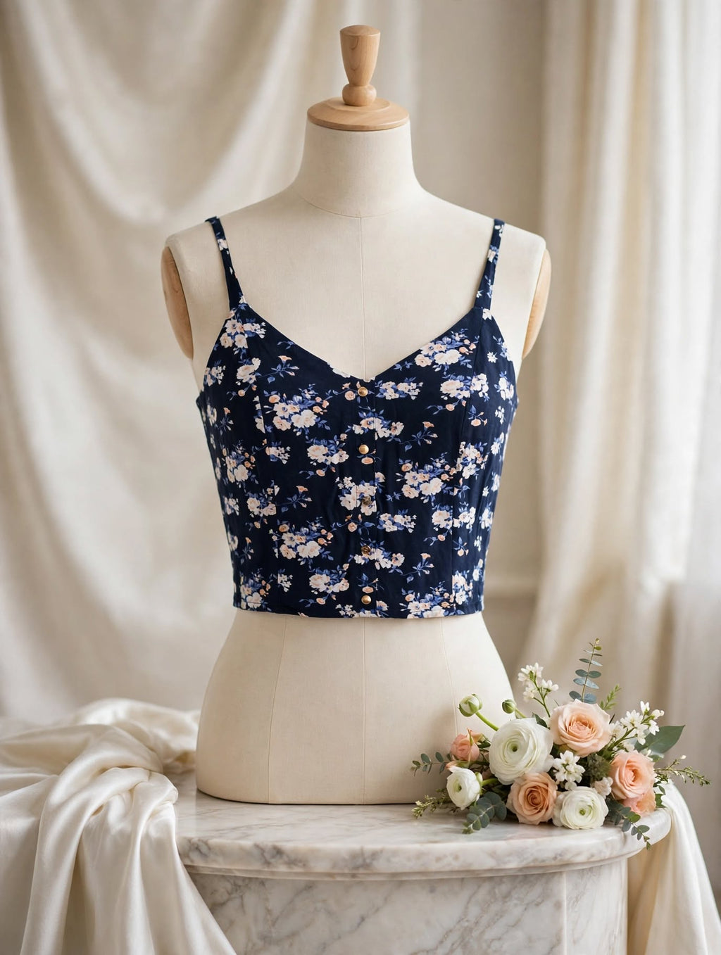 Cherokee Navy Floral Smocked Crop Cami - Size Medium