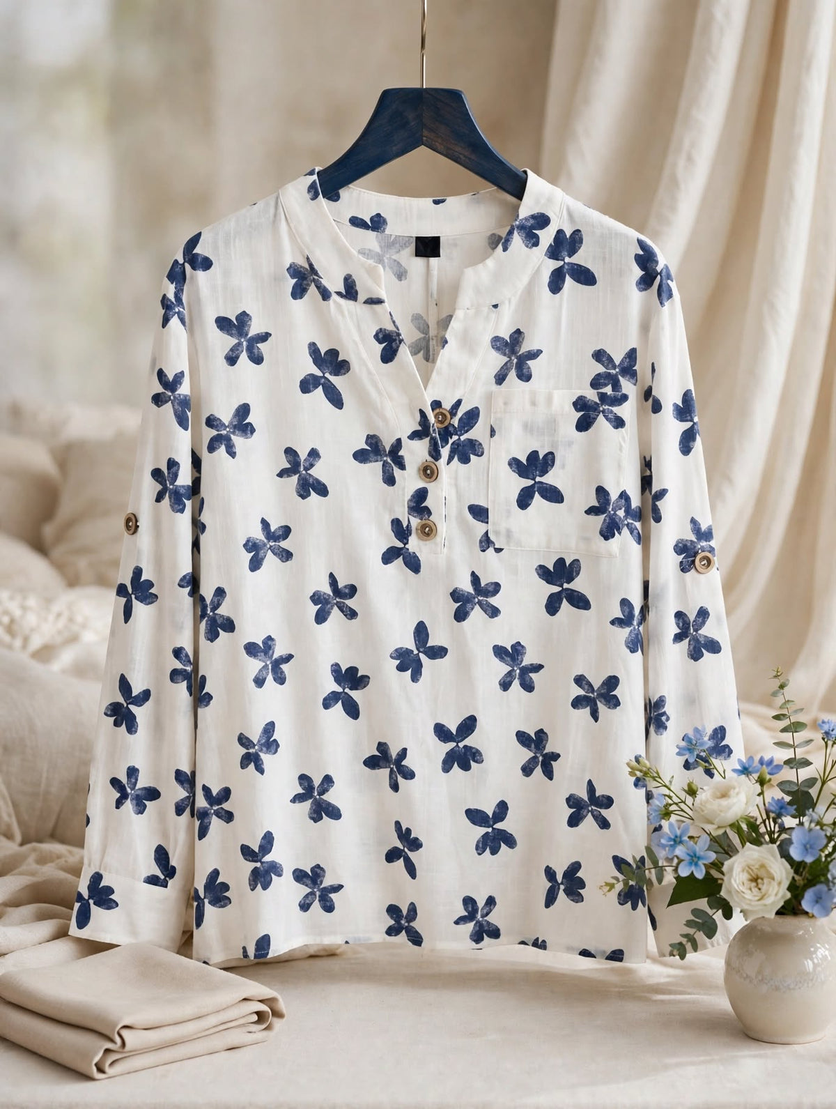 White & Indigo Floral Blouse - Size 2XL