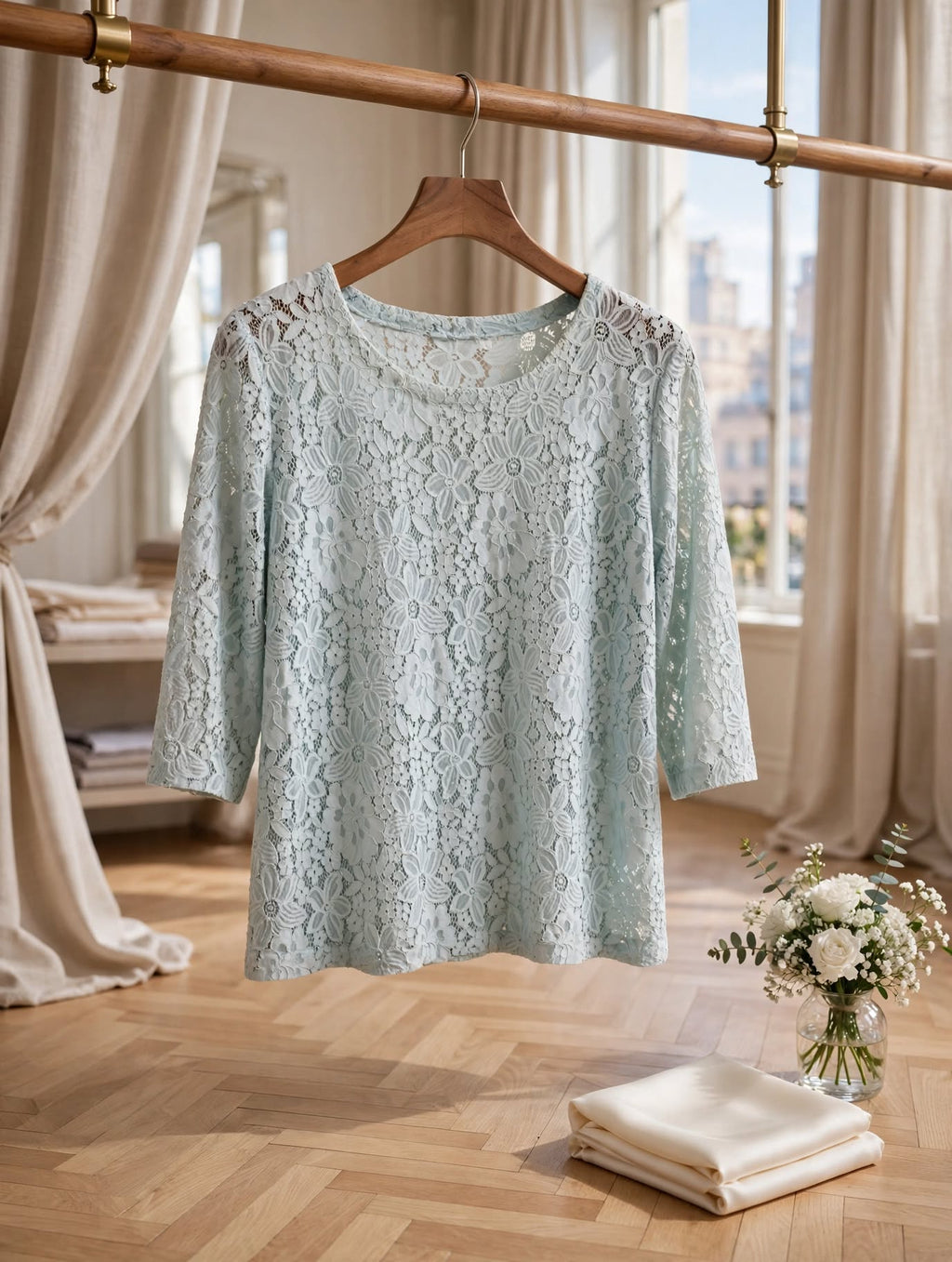 Mint Blue Floral Guipure Lace Blouse - Size Medium