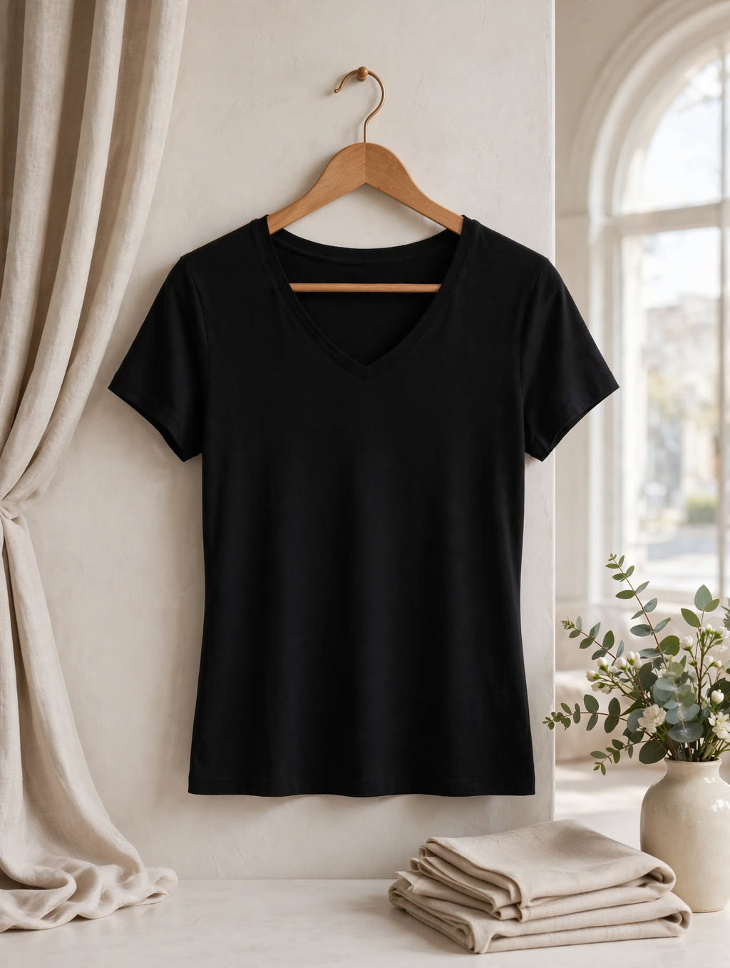 Network Black V-Neck Essential T-Shirt - Size 14 / 38