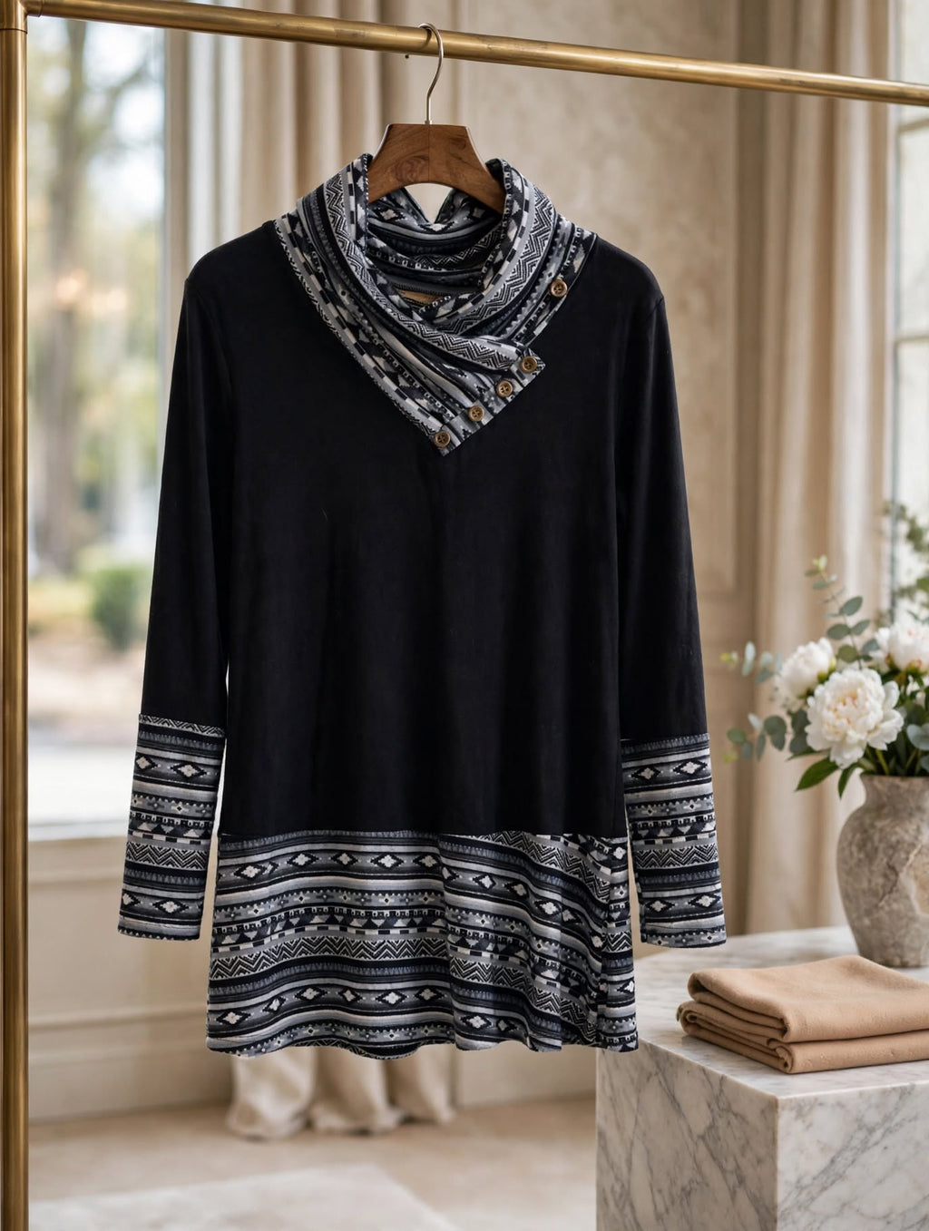 Miusey Black Aztec Cowl Neck Tunic - Size Large