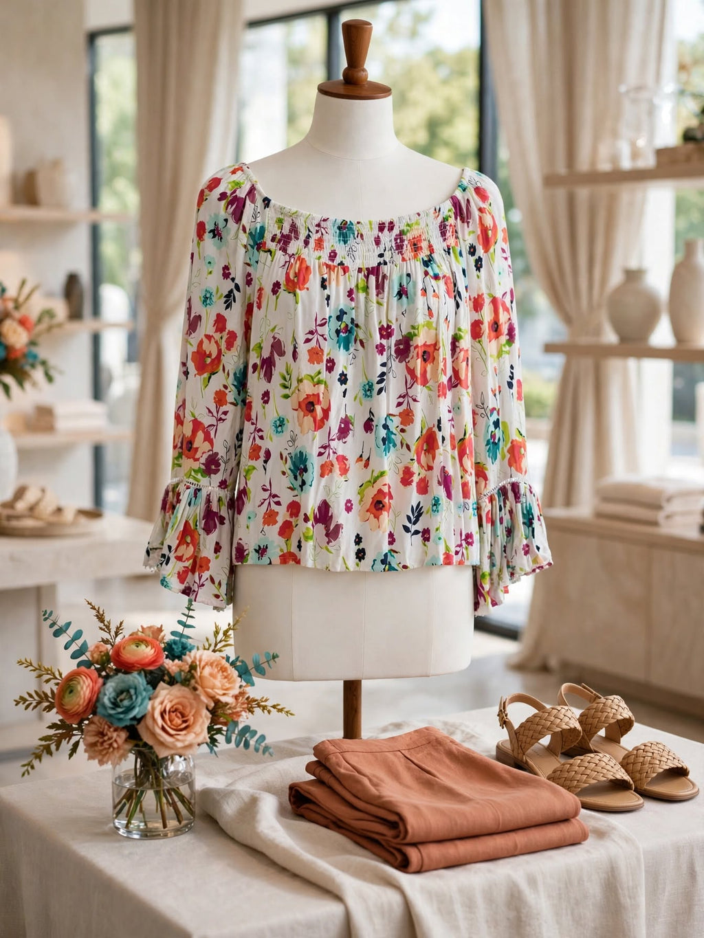 Terra & Sky Floral Off-Shoulder Boho Blouse - Size 42