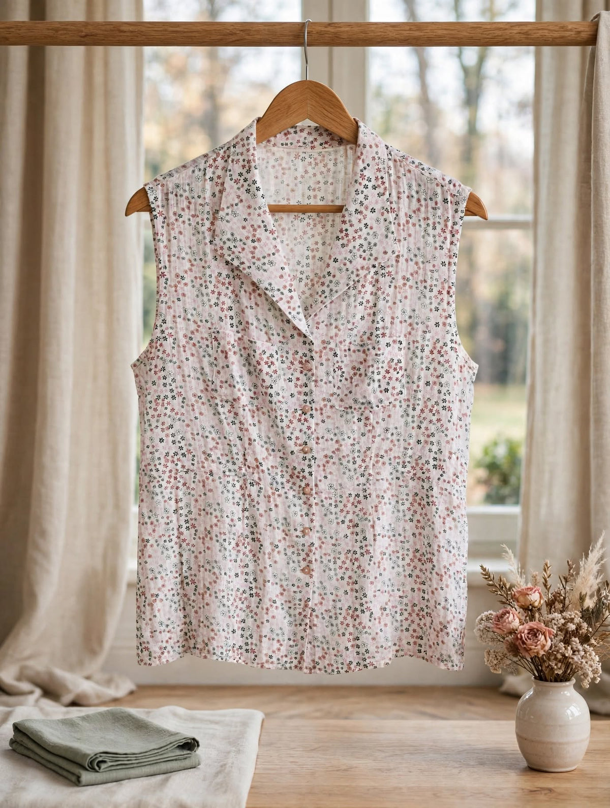 White with Dusty Pink & Black Daisy Sleeveless Ditsy Floral Blouse