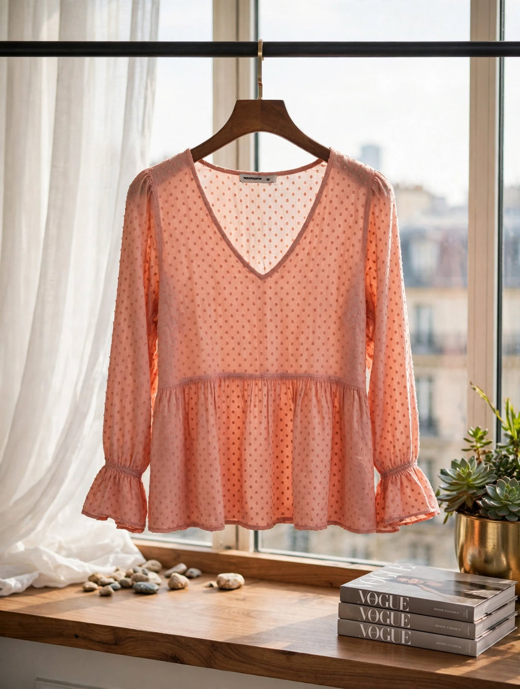 Woolworths Peach Pink Dobby Dot Peplum Blouse - Size 10