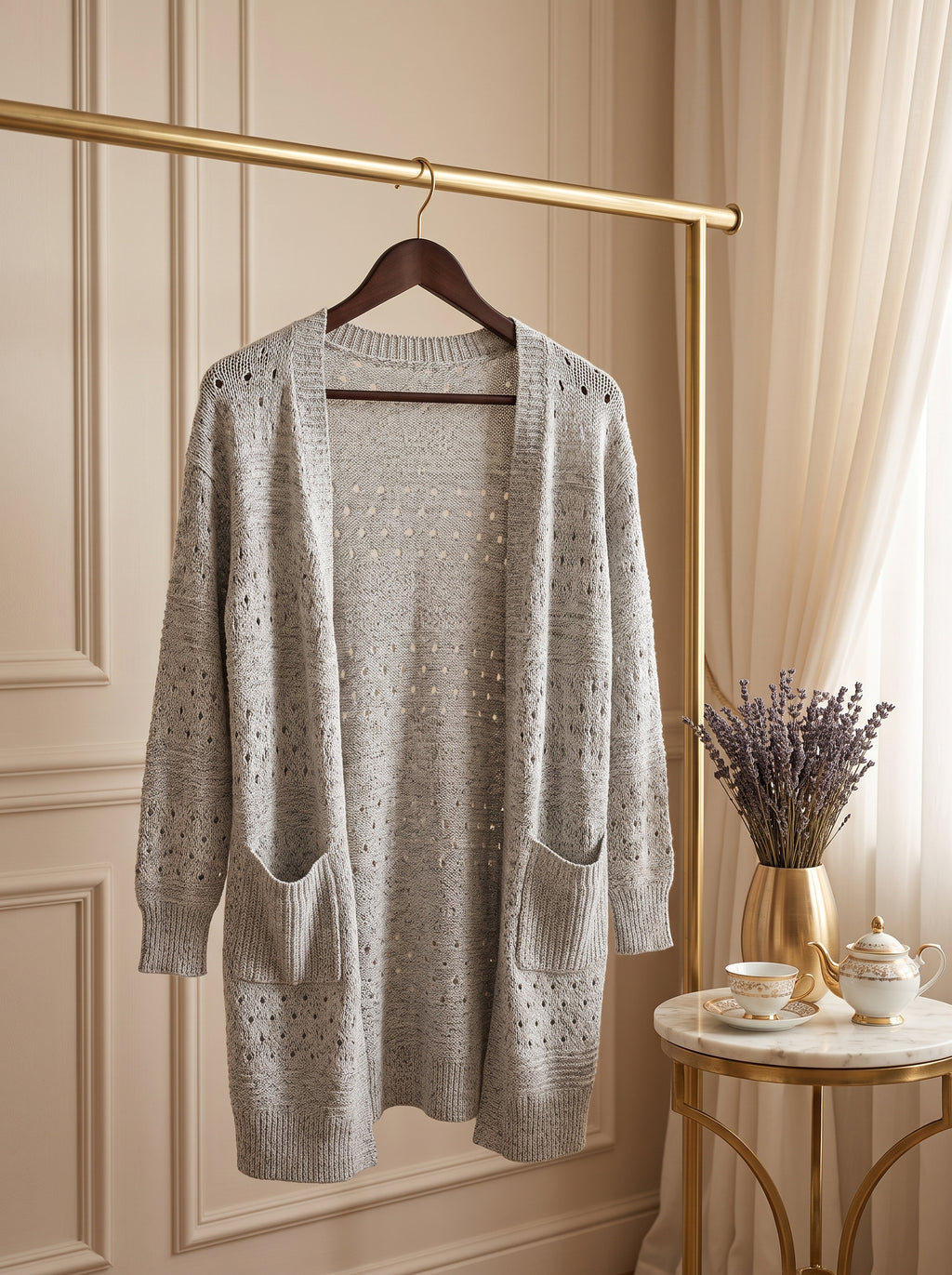 Light Grey Pointelle Knit Winter Jersey – Size Medium
