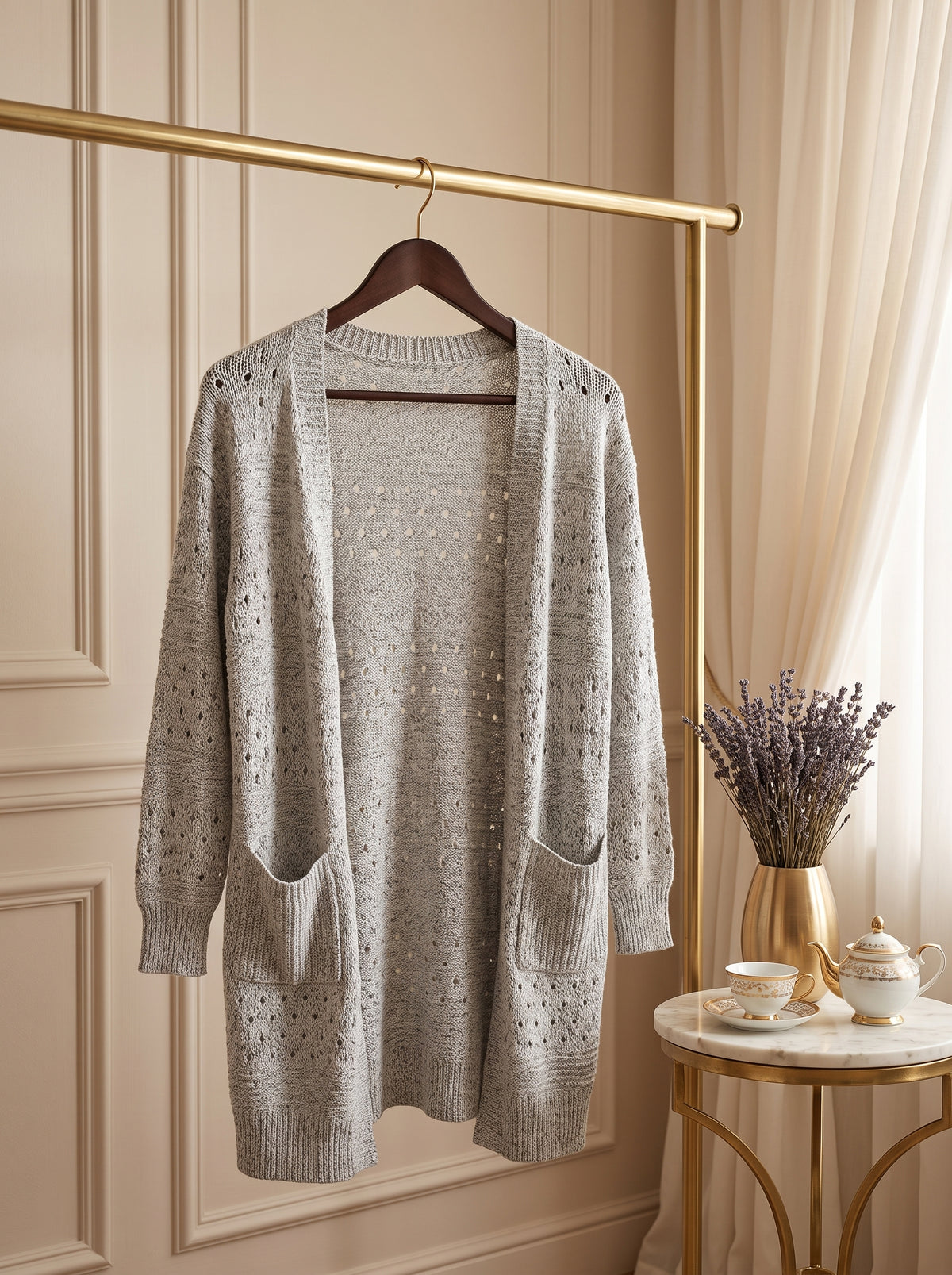 Light Grey Pointelle Knit Winter Jersey – Size Medium