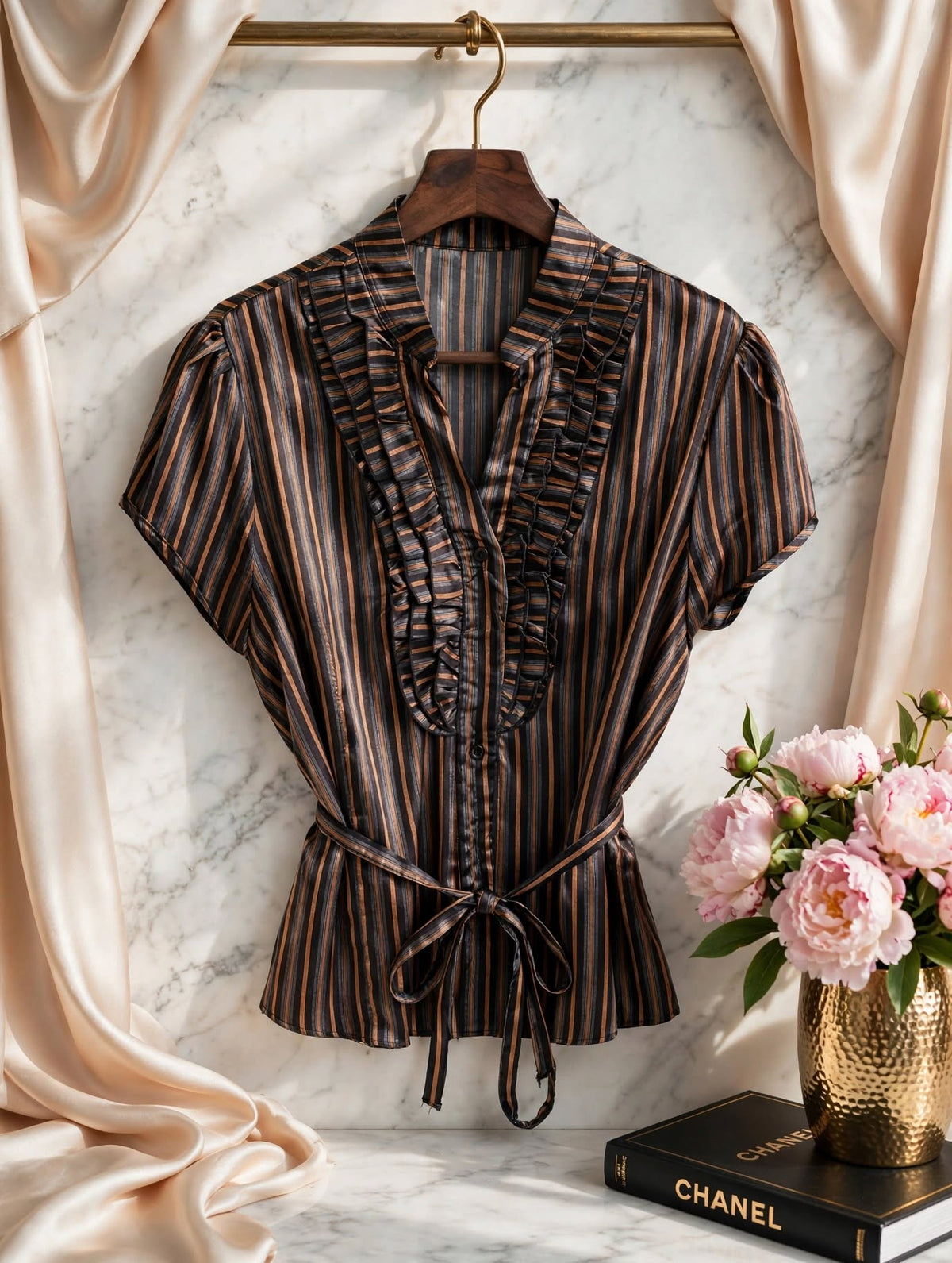 Black & Bronze Stripe Satin Ruffle Tie-Waist Summer Blouse - Size 2XL
