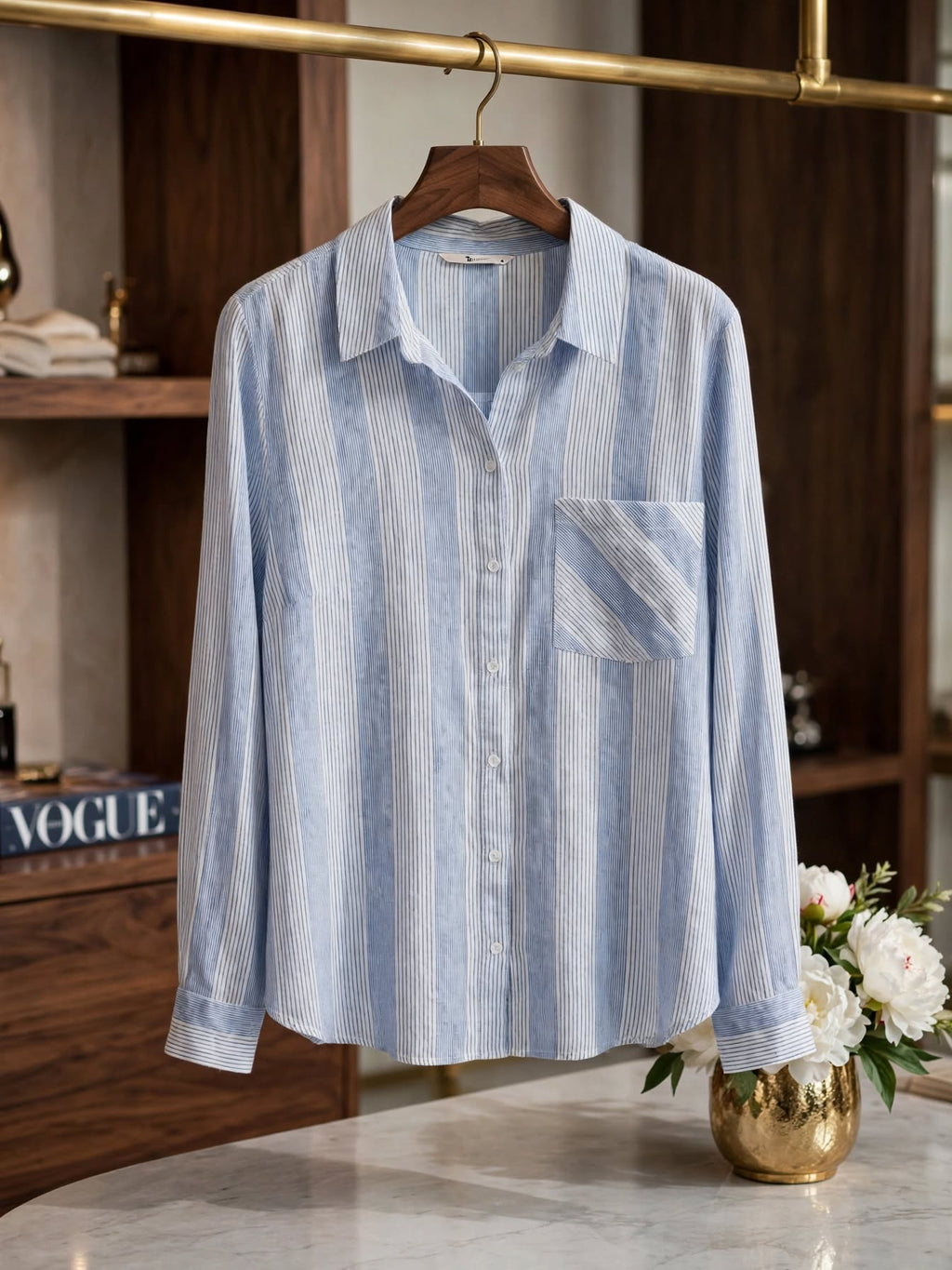 Truworths Light Blue and White Striped Cotton Linen Blouse - Size 18