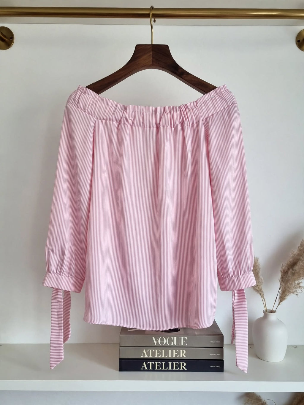 Jet Stores Fix Pink and White Striped Off-The-Shoulder Blouse - Size 12