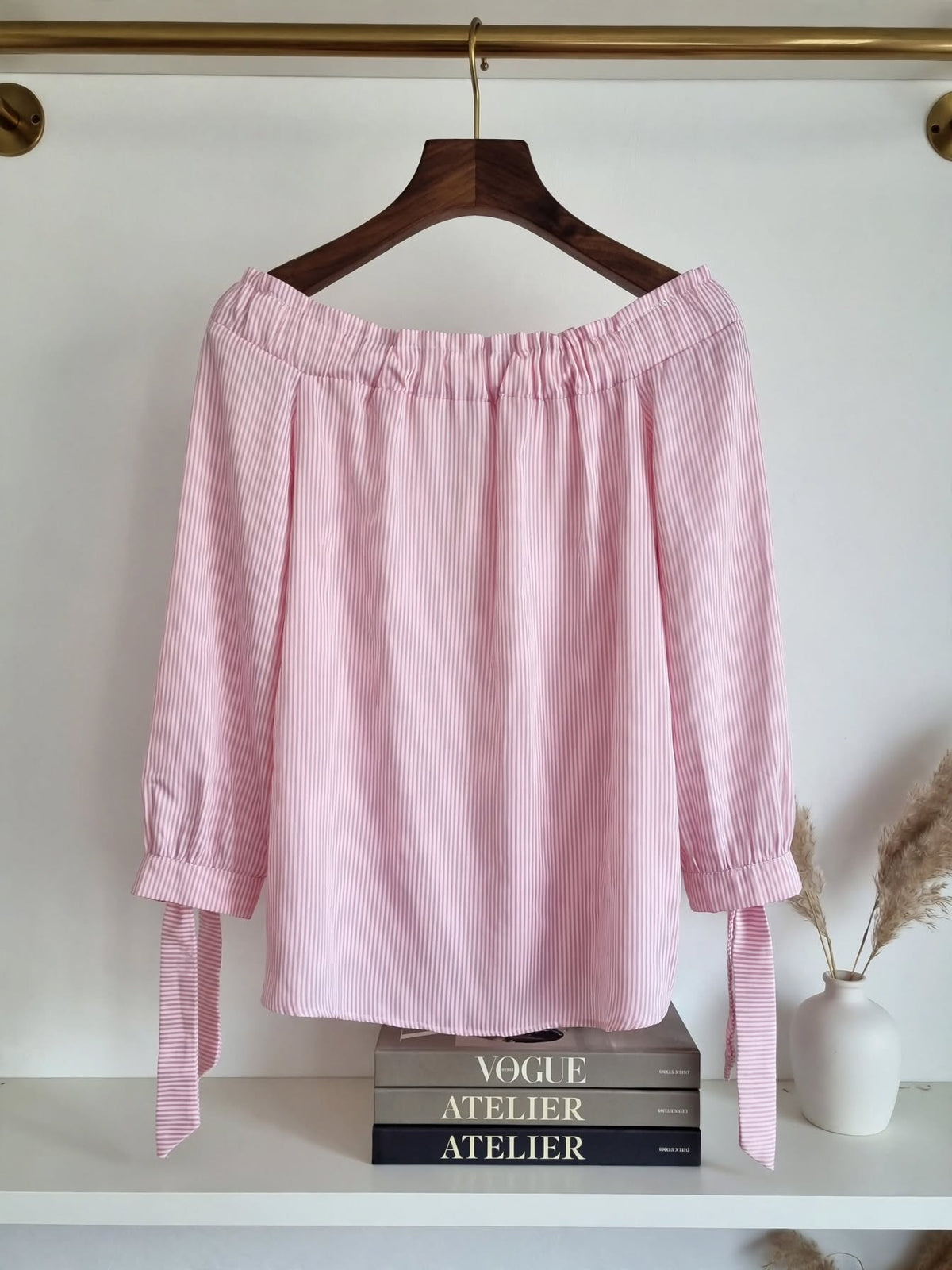 Jet Stores Fix Pink and White Striped Off-The-Shoulder Blouse - Size 12