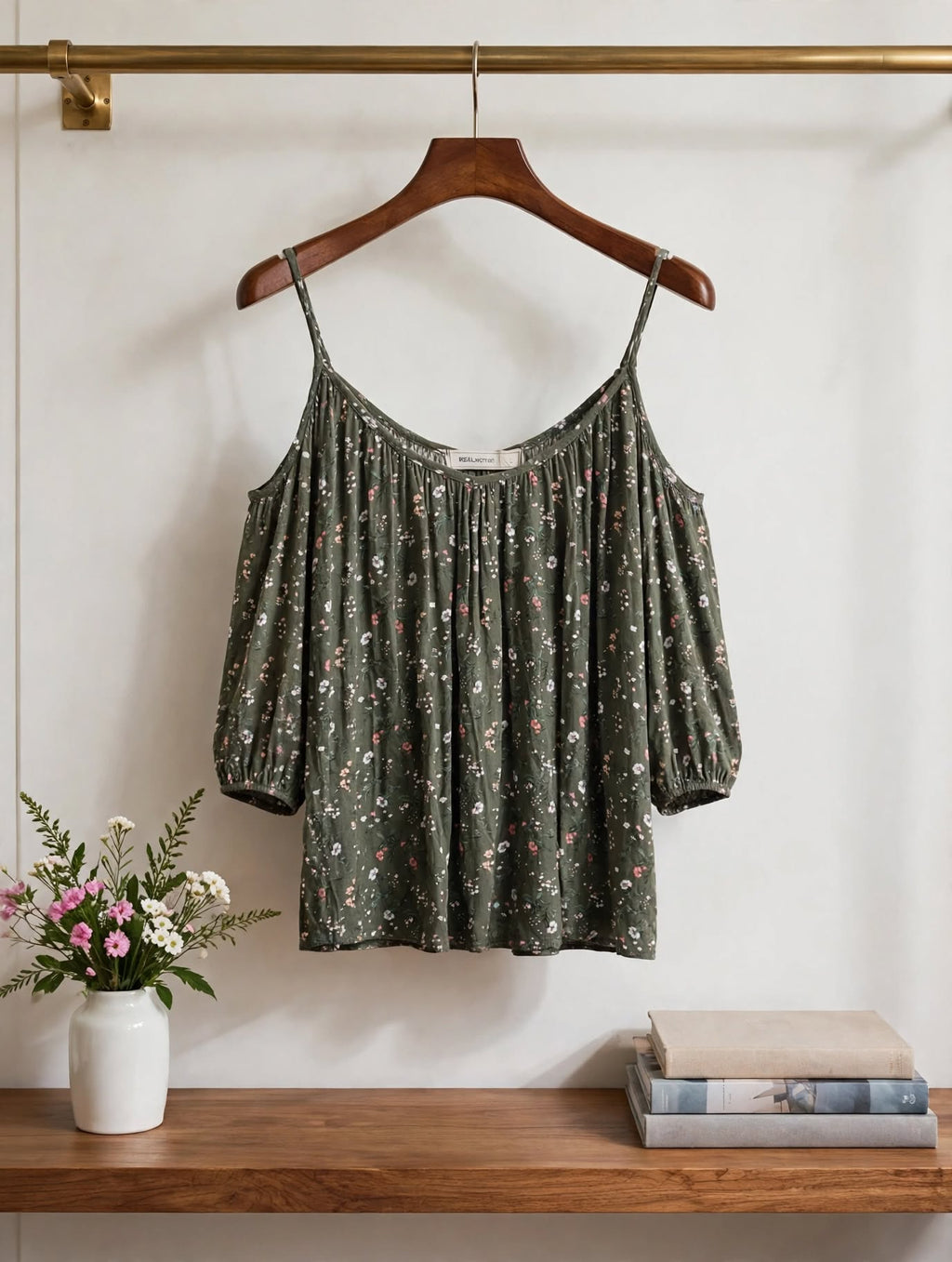 REAL Basics Green Floral Cold Shoulder Blouse - Size Large