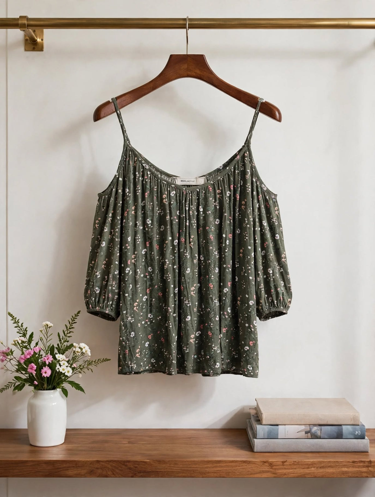 REAL Basics Green Floral Cold Shoulder Blouse - Size Large