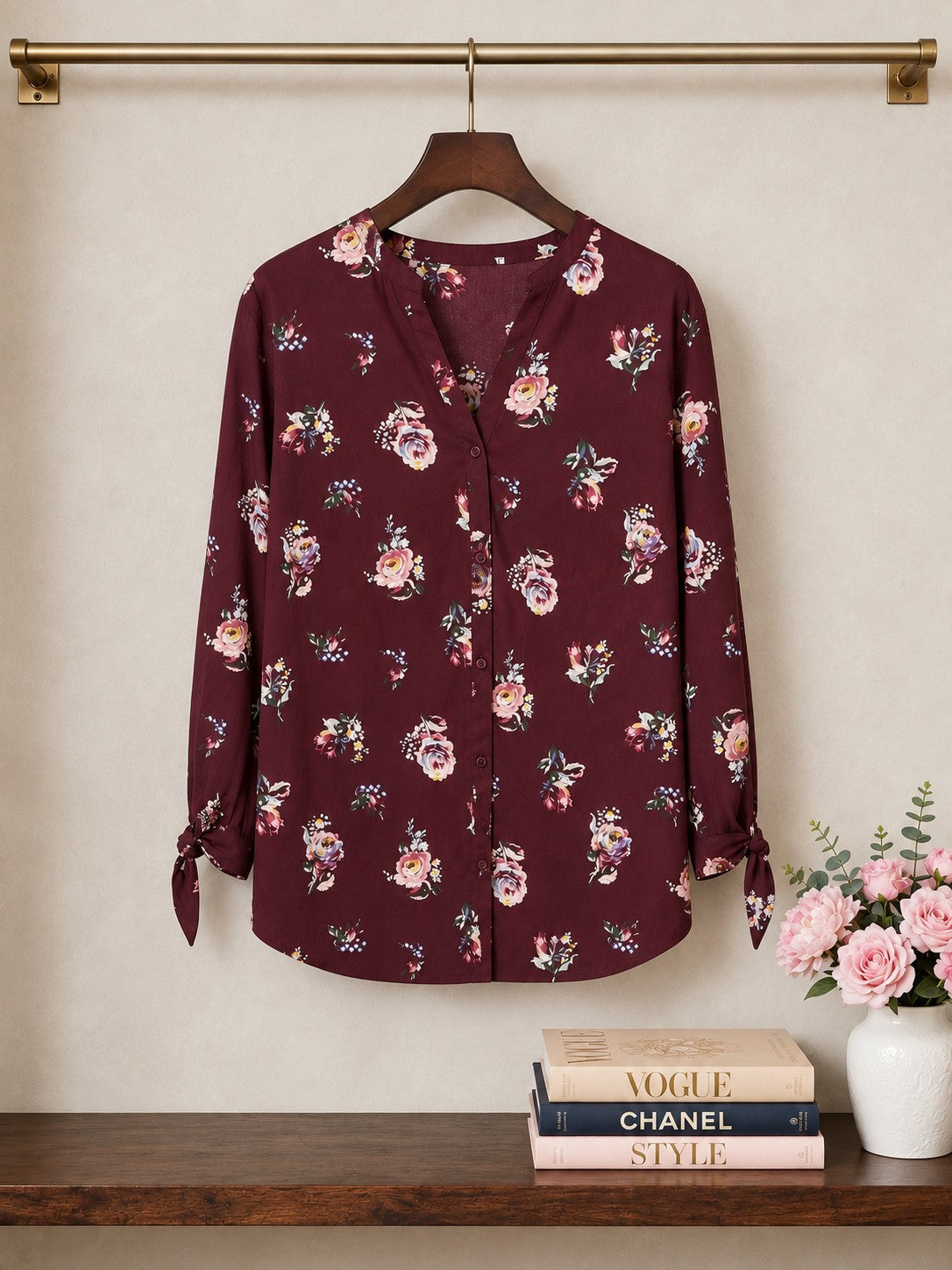 Cherokee Deep Burgundy Floral Cotton Blouse - Size Large
