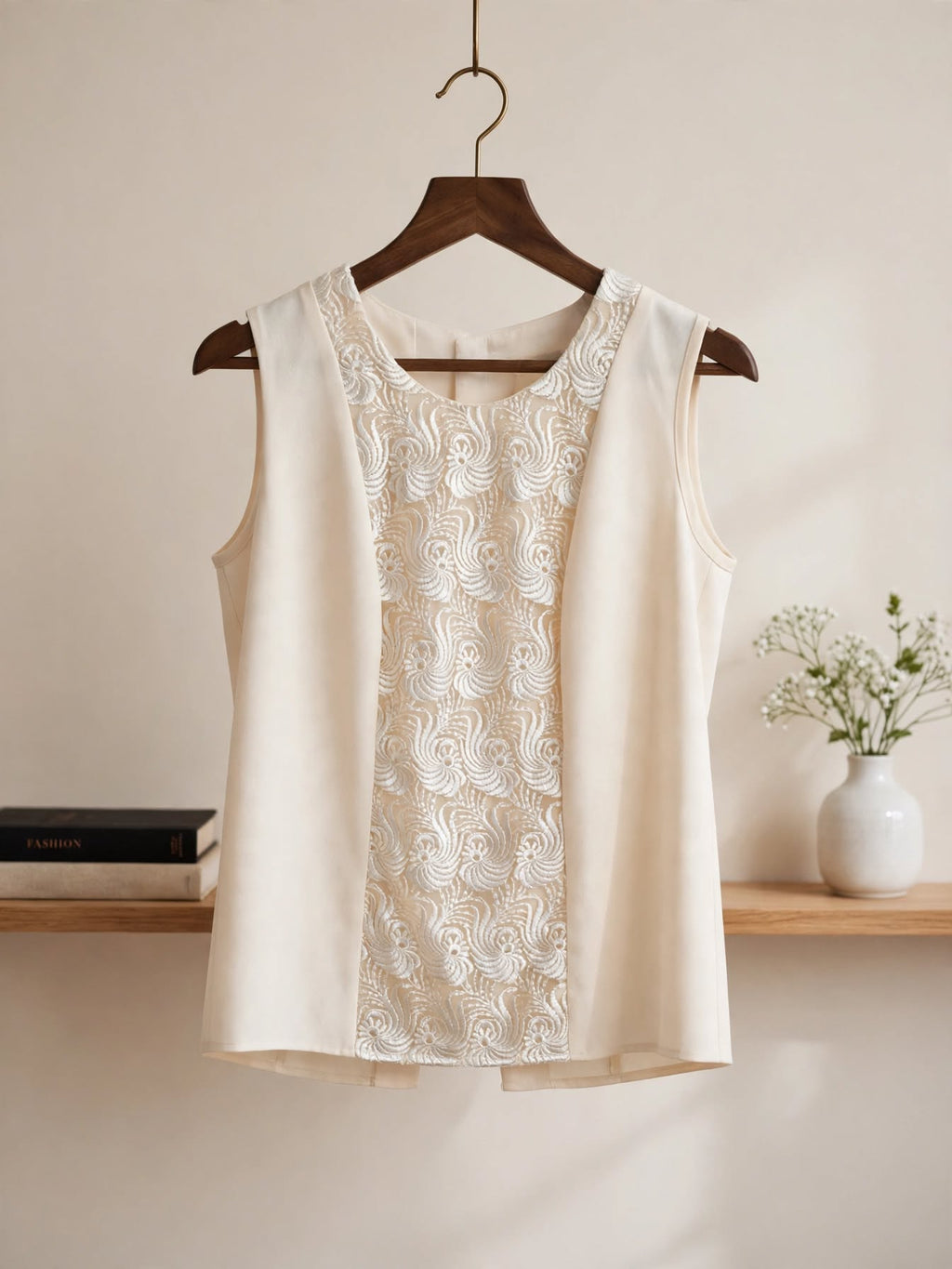 Suzette Exclusive Light Cream Lace Panel Sleeveless Blouse - Size 38