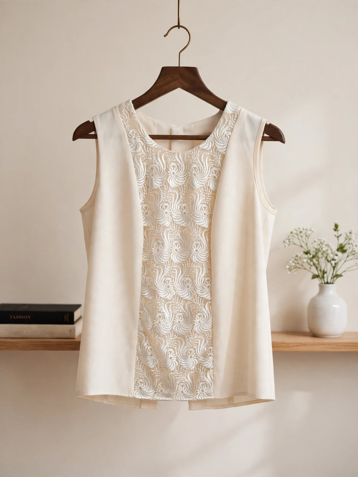 Suzette Exclusive Light Cream Lace Panel Sleeveless Blouse - Size 38