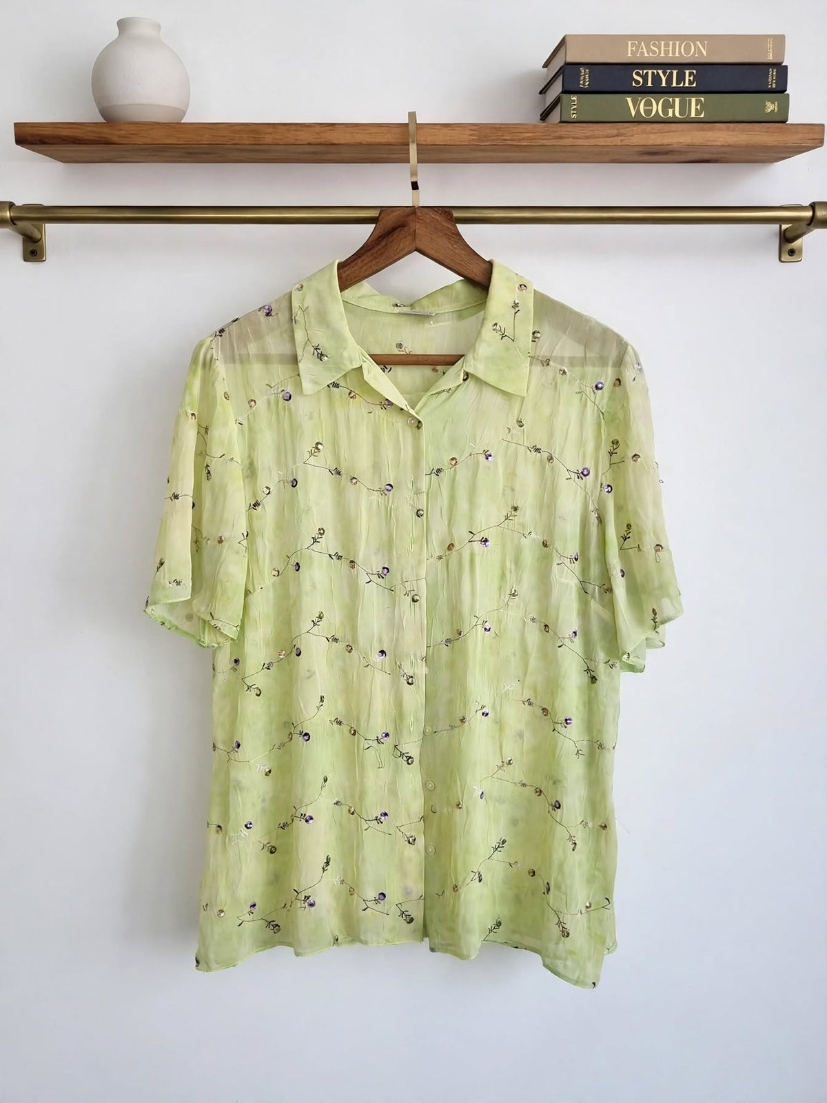 ML Classics Pale Lime Crinkle Sheer Embroidered Blouse with Sequin Vines - Size 40