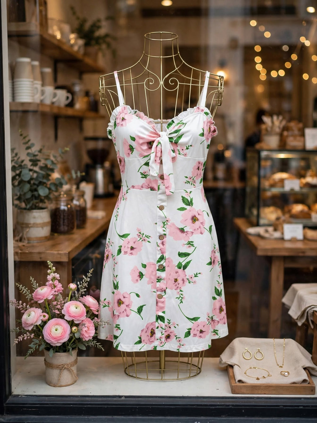 White Pink Floral TSpaghetti Strap Ruffle Dress - Size XL