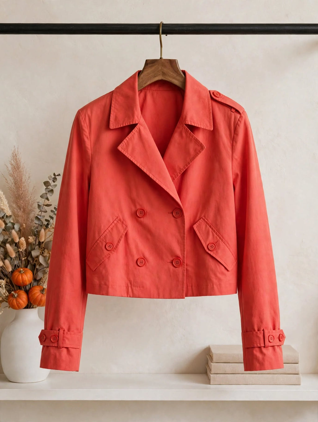 Mozaic Coral Red Cropped Trench Jacket - Size 38