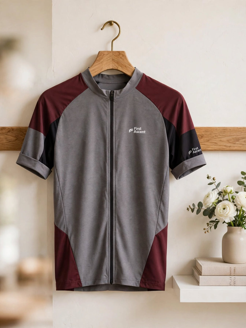 First Ascent Unisex Grey Maroon, Burgundy & Black Zip Cycling Shirt - Size Large