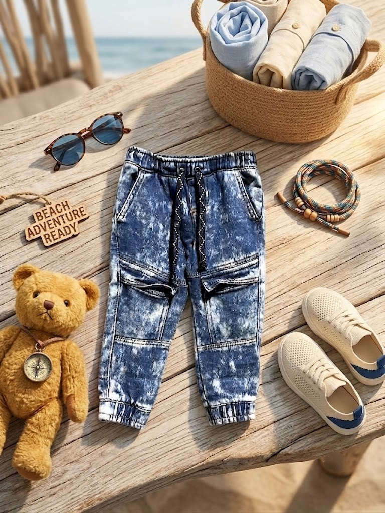 Jet Kidz Boys' Acid Wash Denim Cargo Joggers – Size 2-3 Years