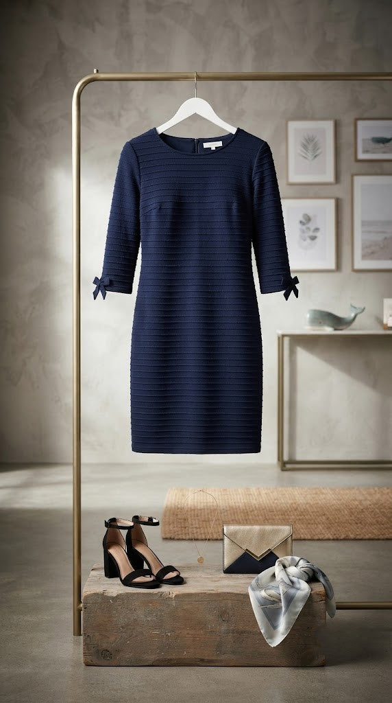 Coolgenes Navy Ribbed 3/4 Sleeve Midi Dress – Size 36