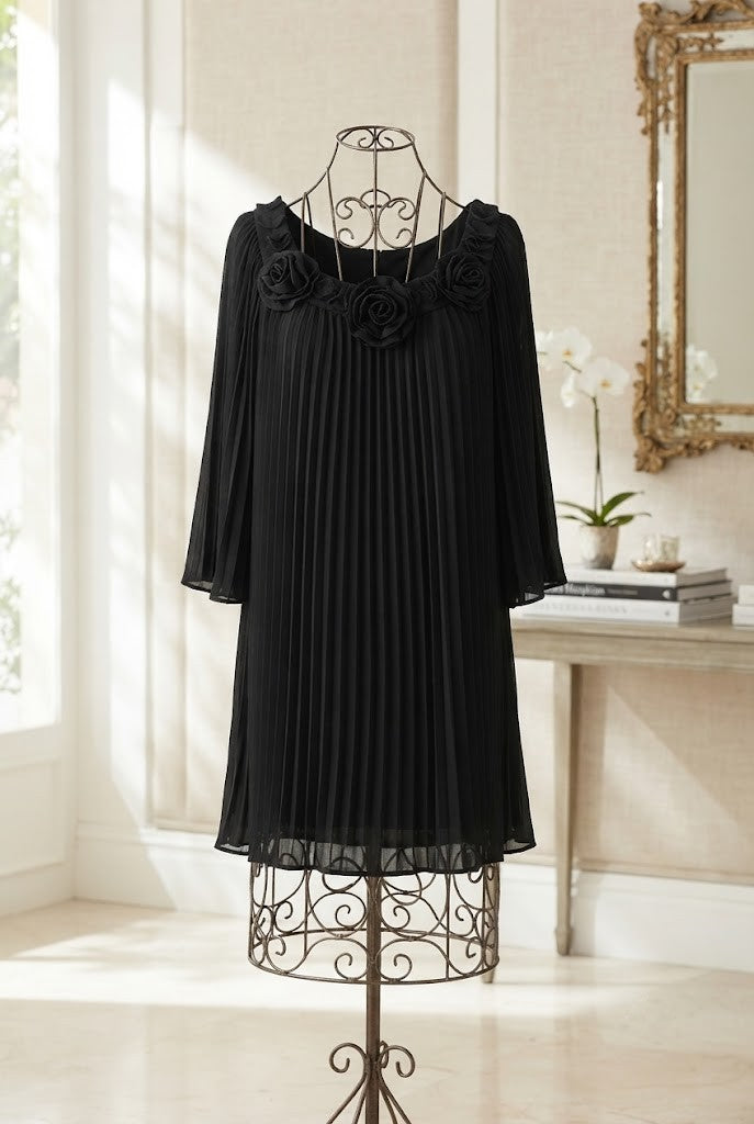 Queenspark Elegant Black Pleated Rose-Detail Dress – Size 48