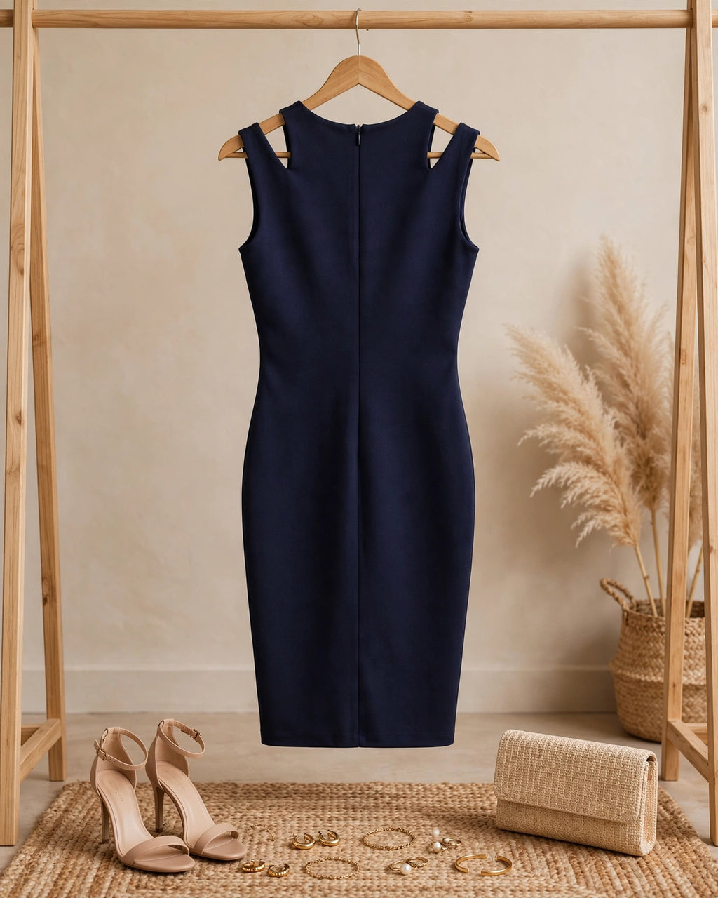 Elegant City Goddess Navy Sleeveless Bodycon Midi Cocktail Dress - Size 36